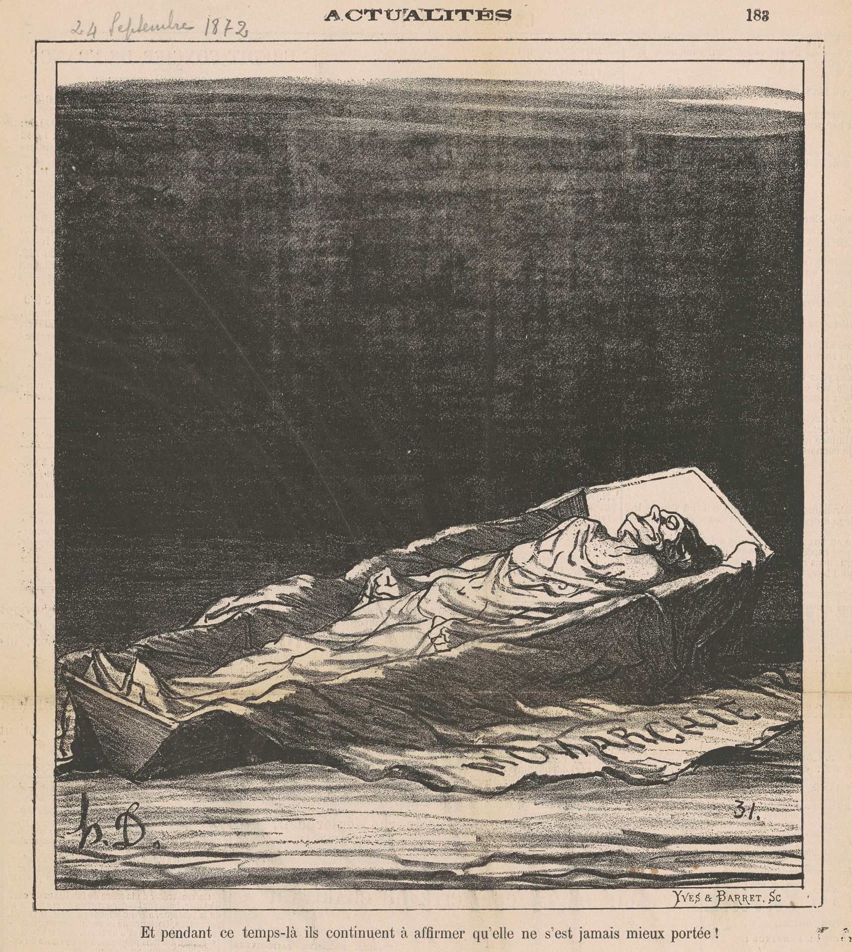 Et pendant ce temps-là ils continuent à affirmer qu'elle ne s'est jamais mieux portée! by Honoré Daumier