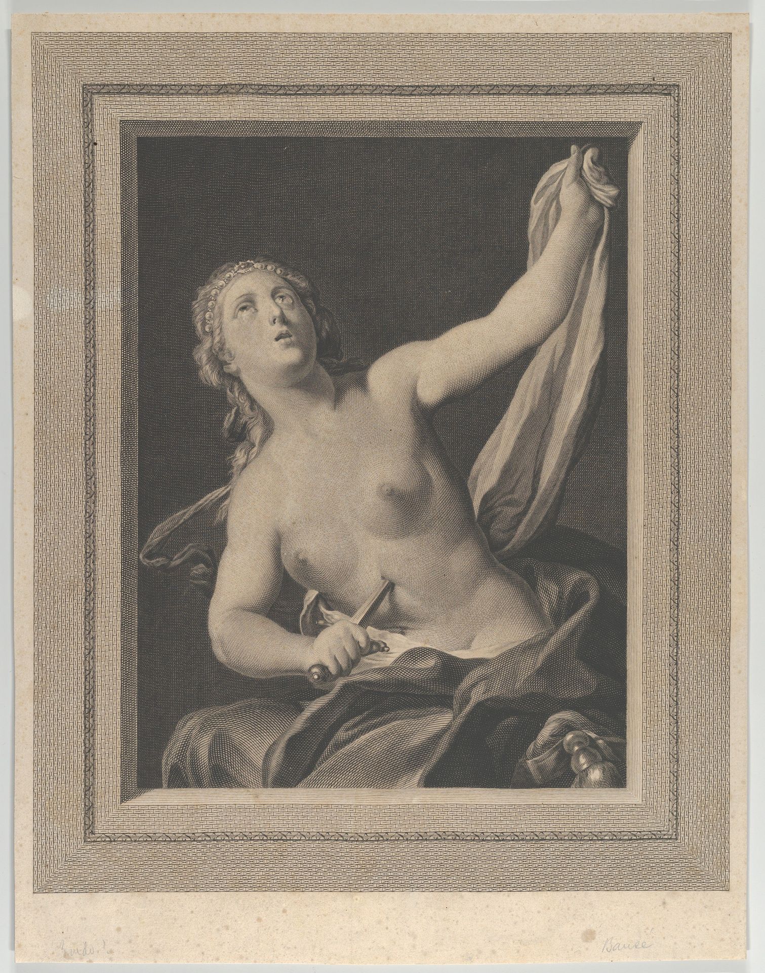 Lucretia seated, half naked, stabbing herself in the stomach with a dagger in her right hand and holding a cloth in her raised left hand, looking upwards, after Pellegrini? by Louis Jacques Cathelin