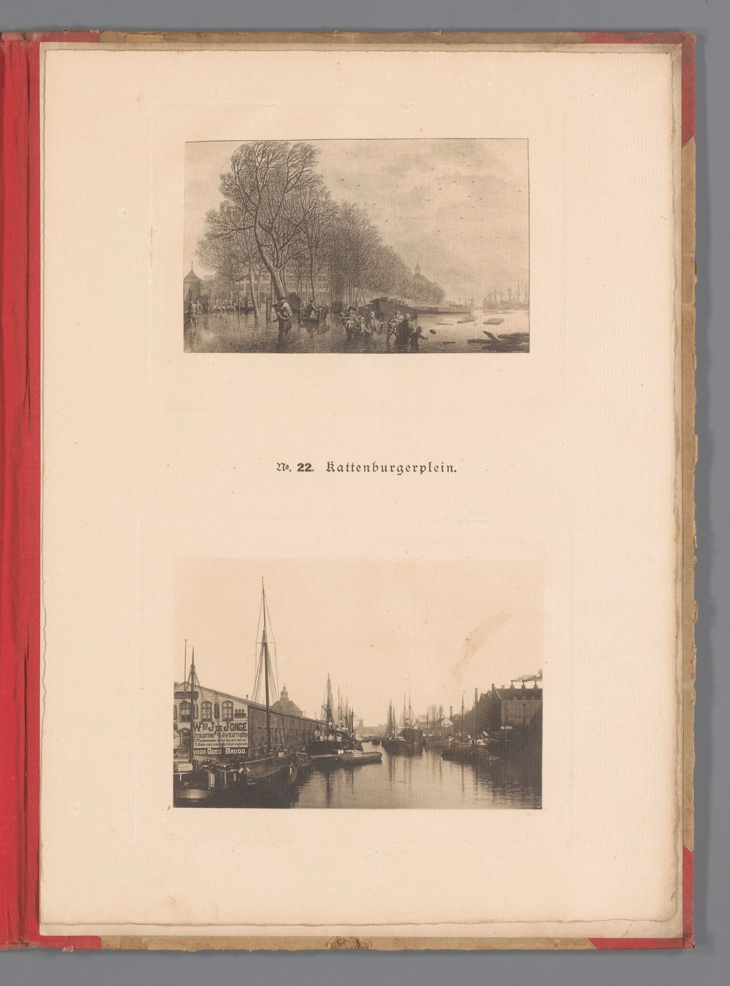 Twee gezichten op het Kattenburgerplein te Amsterdam, waarvan één reproductie van een prent met de watersnood in 1775 door Noach van der Meer II by Anonymous