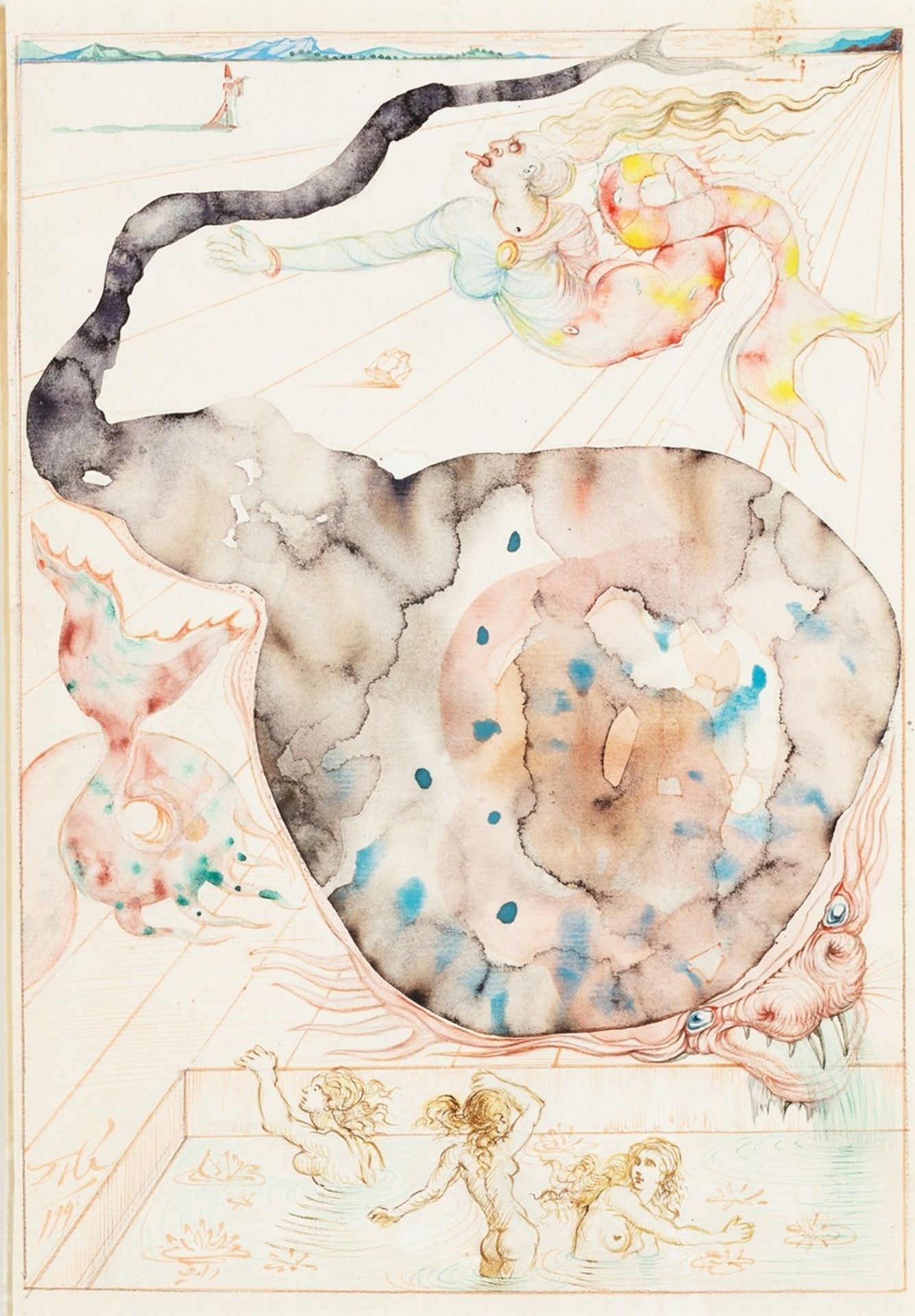 LE BAIN DE LA VILLA NIRVÂNA AVEC ÉVOCATION DES MOSAÏQUES DE TIMGAD ET DES SCULPTURES DES BAIGNEUSES EN ALBÂTRE by Salvador Dalí