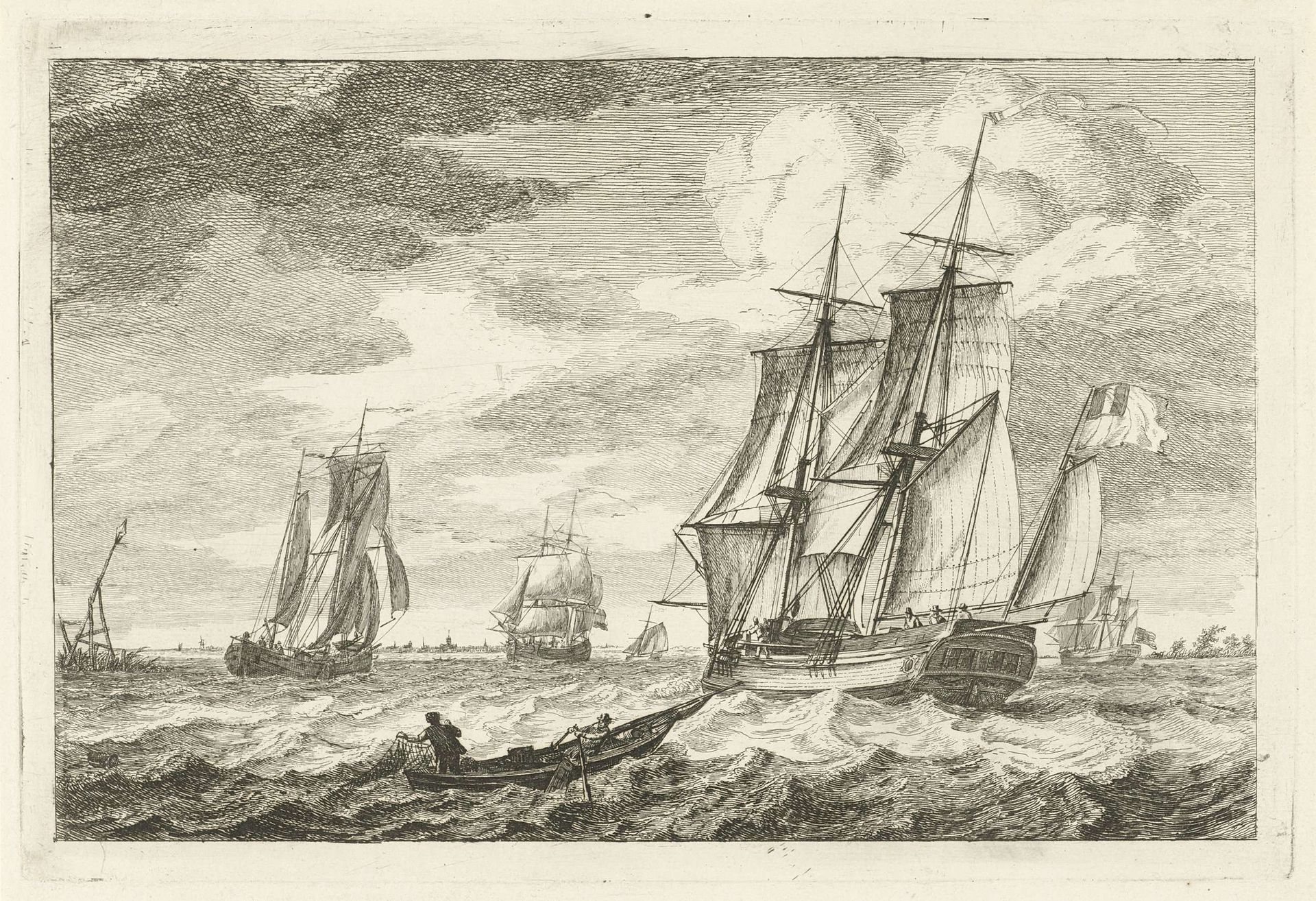 Brik en andere schepen op een breed vaarwater by Gerrit Groenewegen