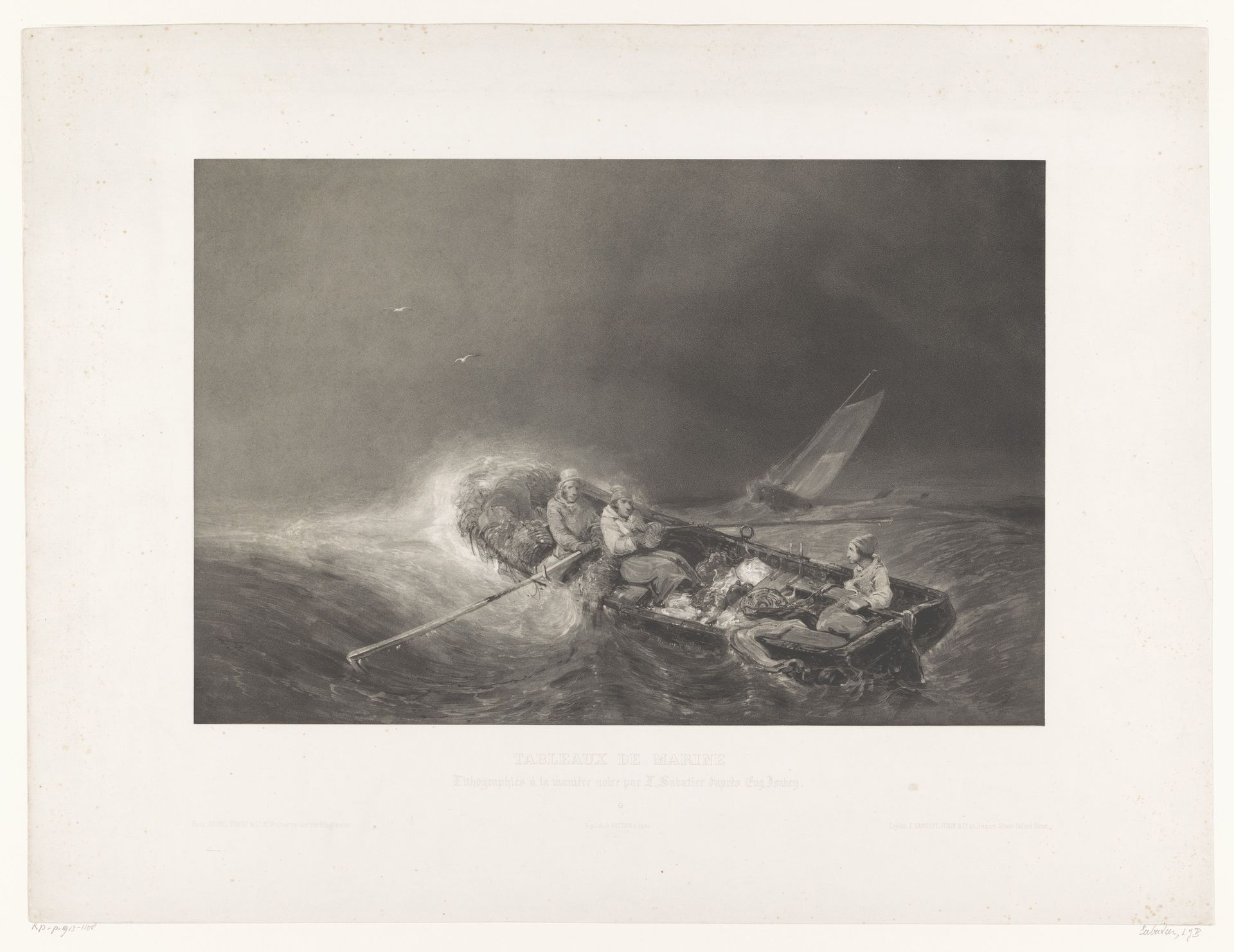 Vissers in een roeiboot op zee by Léon Jean Baptiste Sabatier