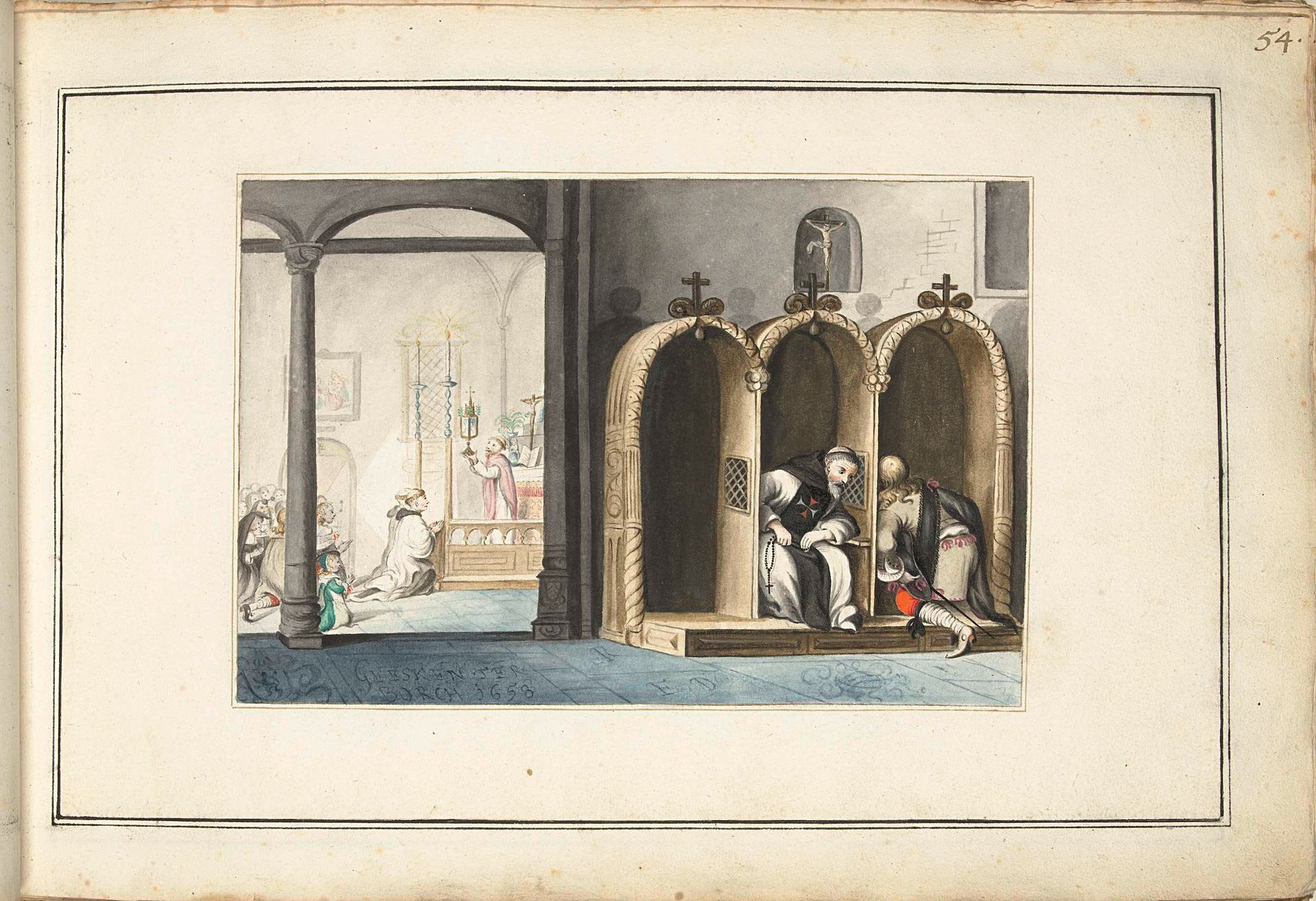 Kerkinterieur met biechtstoel by Gesina ter Borch