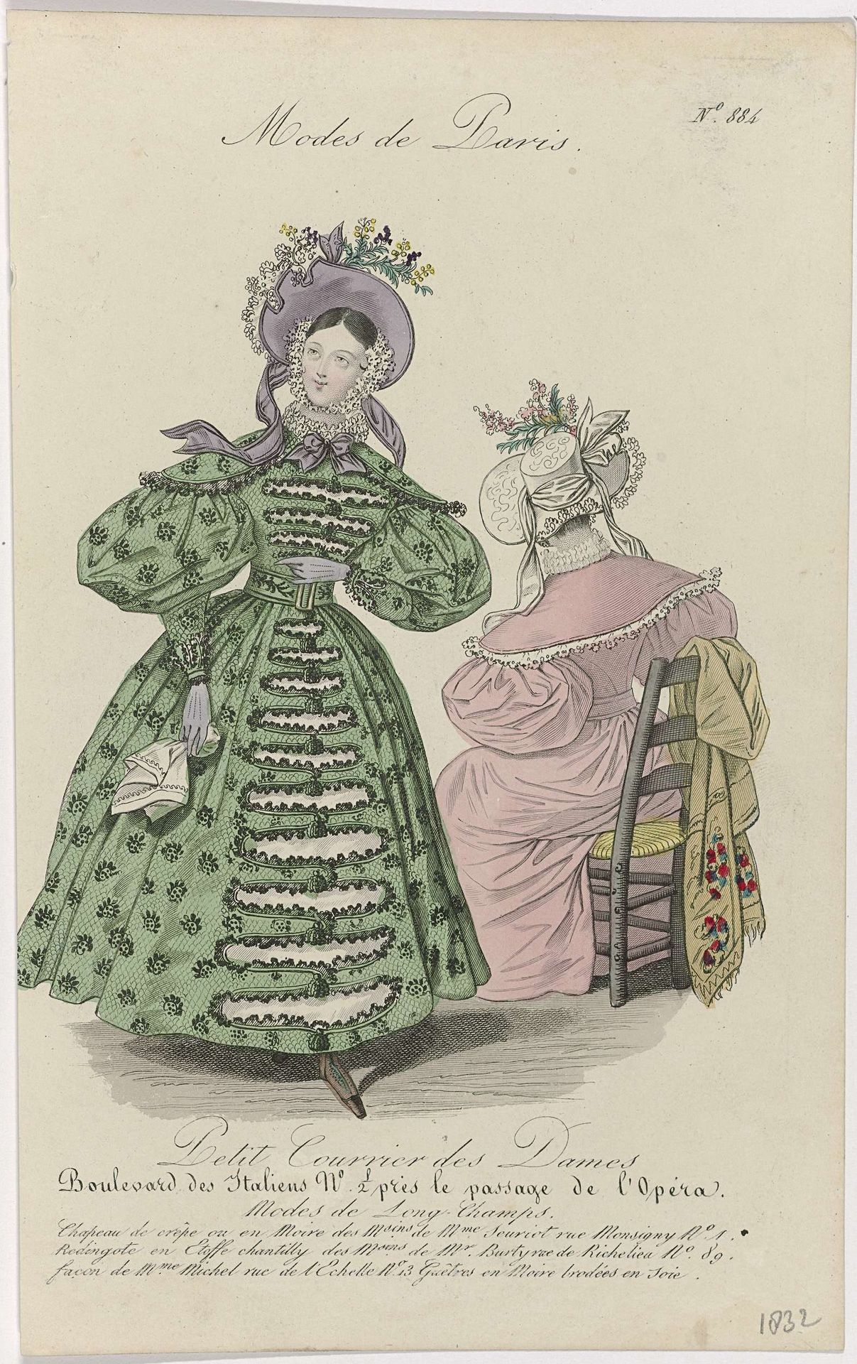 Petit Courrier des Dames, 1832, No. 884 : Chapeau de crêpe ou en Moir (...) by Anonymous