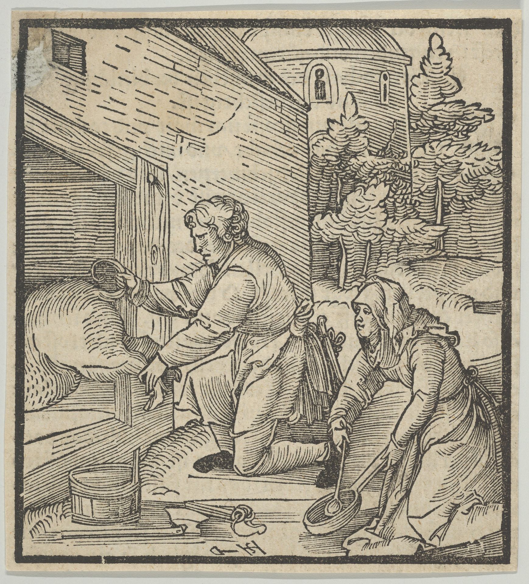 A Farmer Slaughtering a Hog, from Hymmelwagen auff dem, wer wol lebt... by Hans Schäufelein