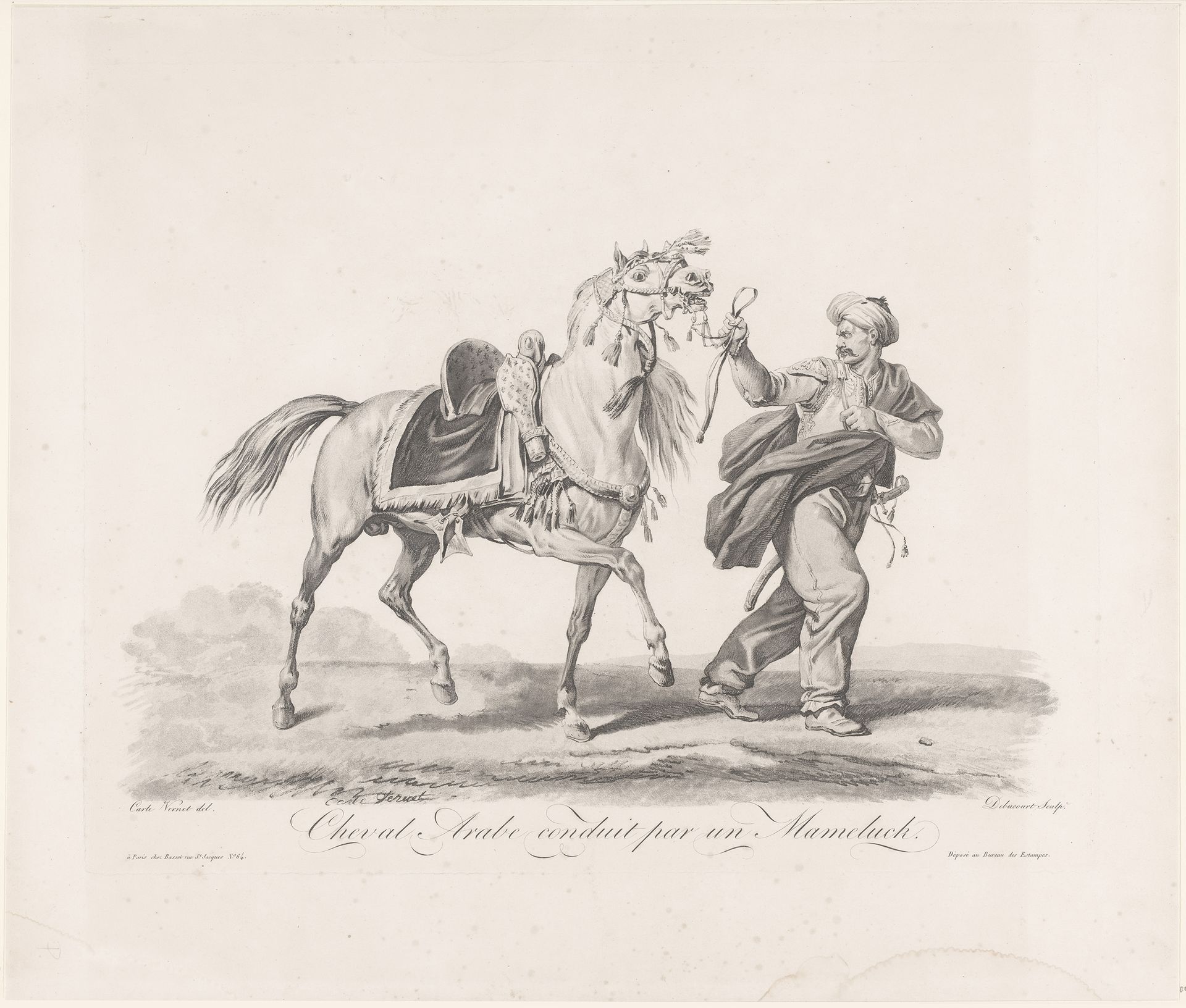 Paard bij de teugels geleid door Oosterse man by Louis Philibert Debucourt