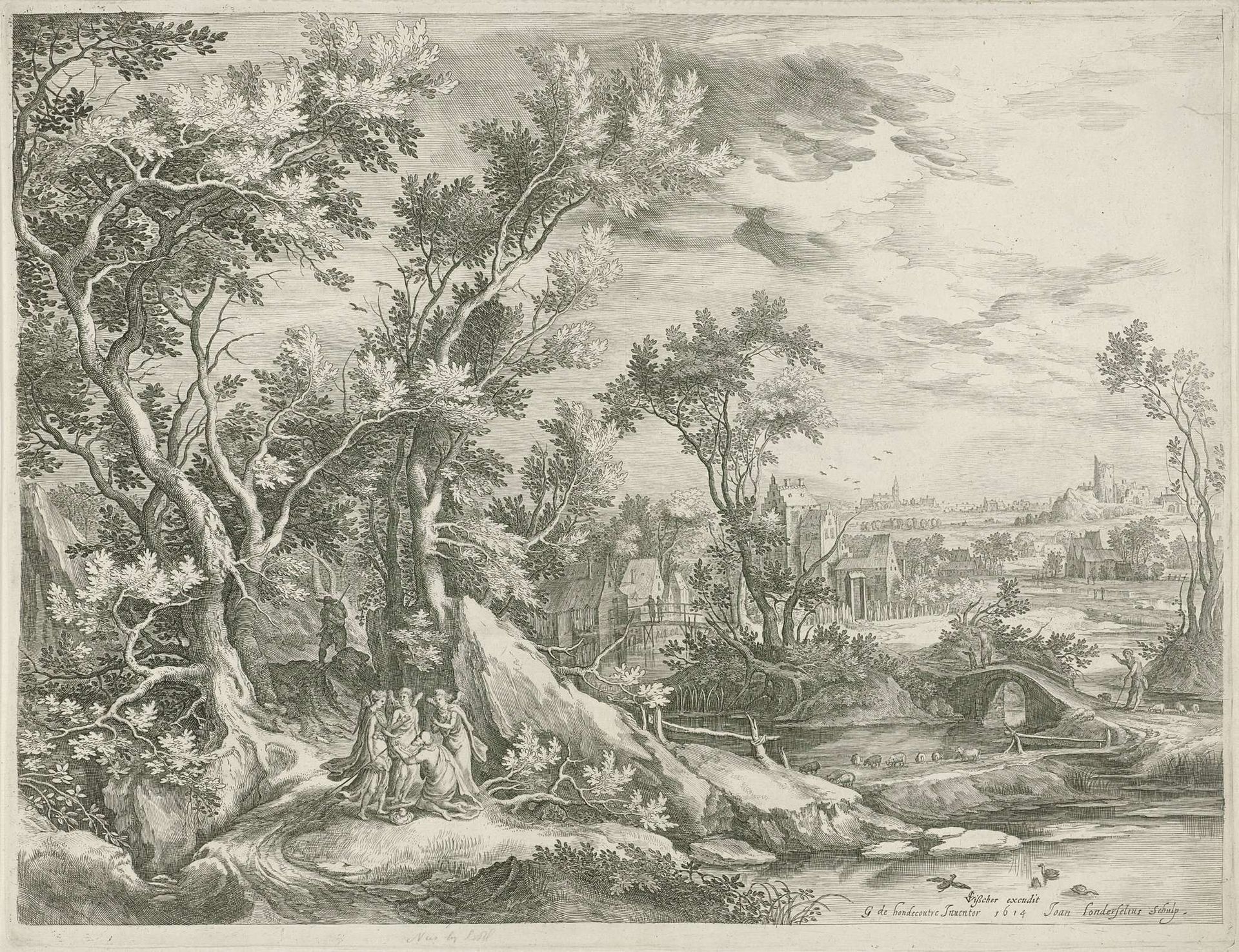 Landschap met Abraham die de drie engelen smeekt Sodom te sparen by Jan van Londerseel