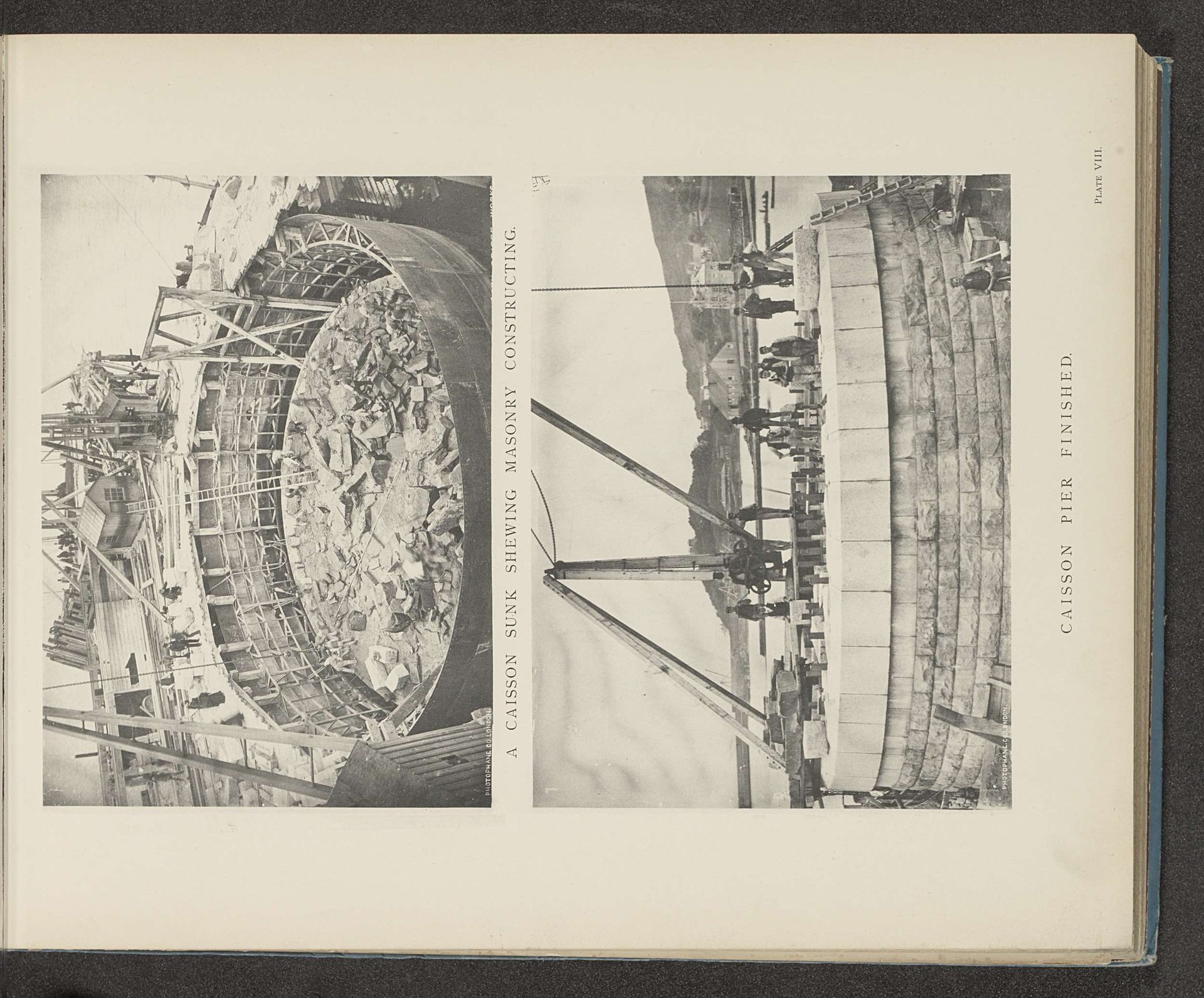 ['A caisson being sunk shewing masonry constructing', 'Caisson pier finished'] by Anonymous