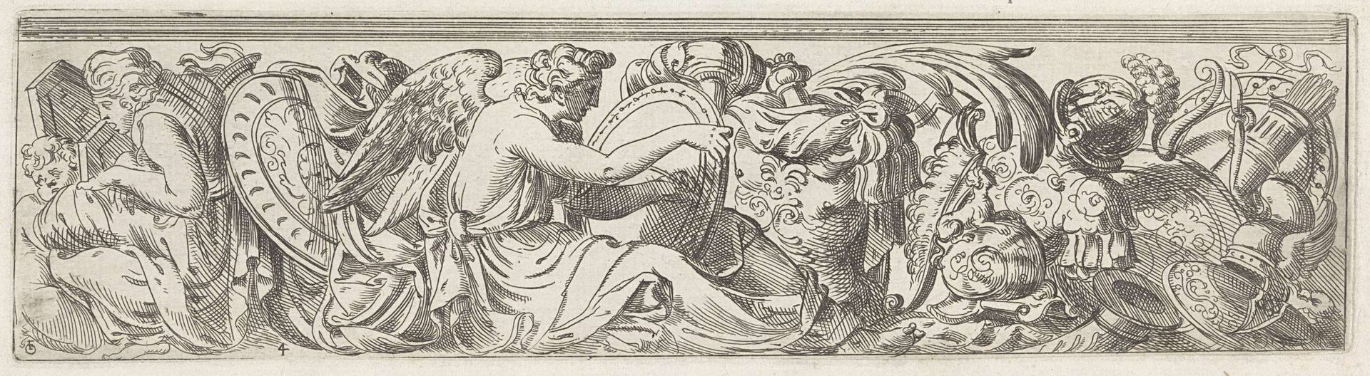 Fries met de personificatie van Geschiedenis op een rond tablet schrijvend tussen wapens by Odoardo Fialetti