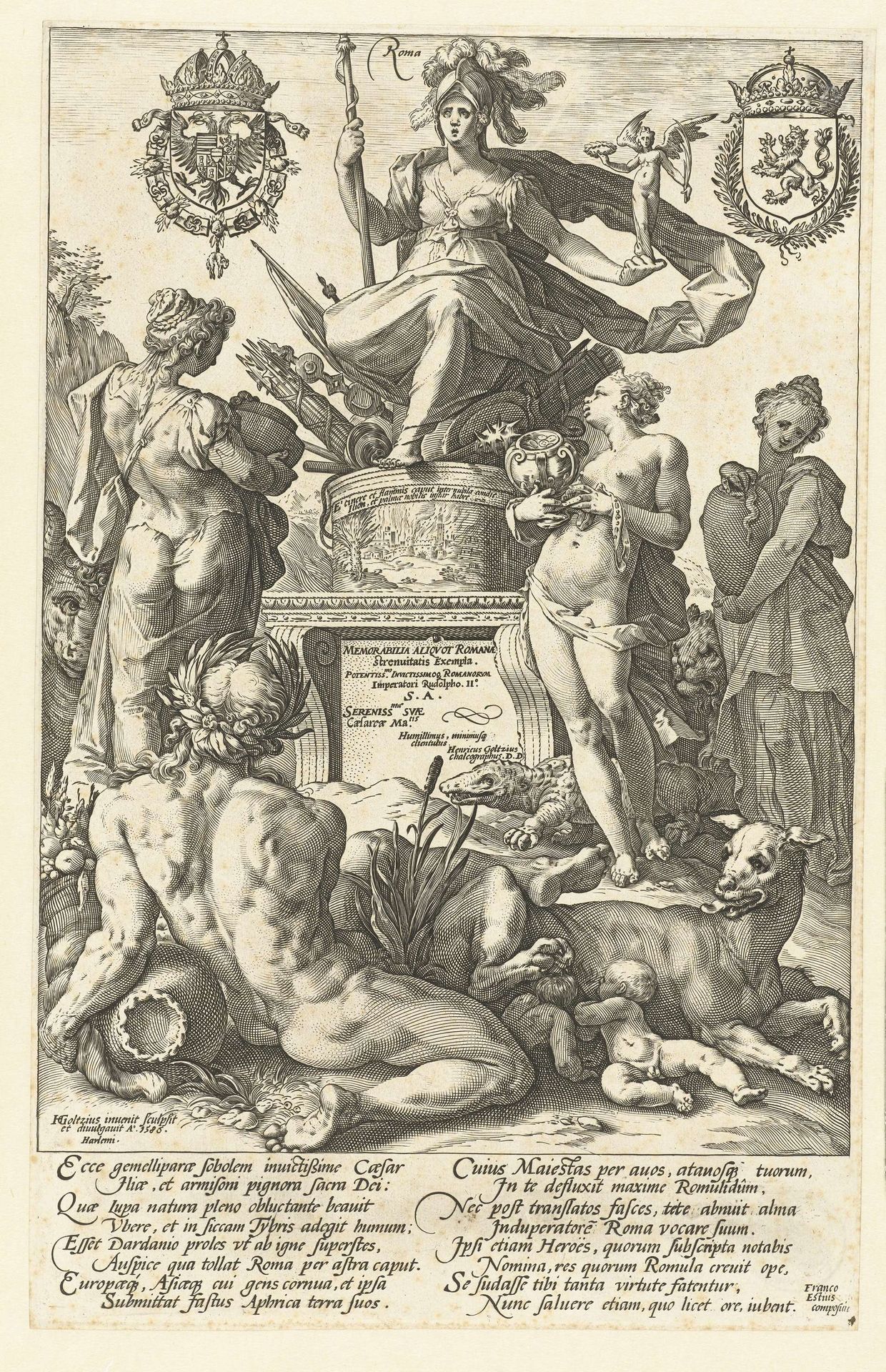 Titelprent voor prentserie De Romeinse helden by Hendrick Goltzius