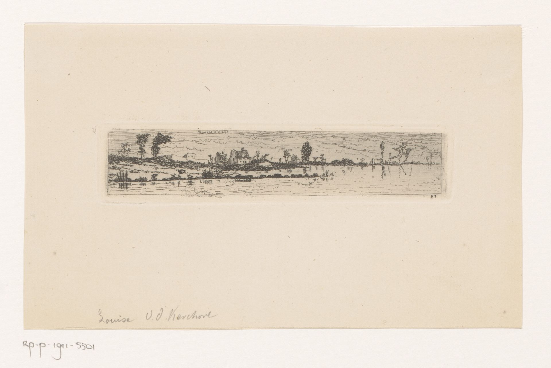 Riviergezicht met huizen op de oever by Louise Van de Kerkhove