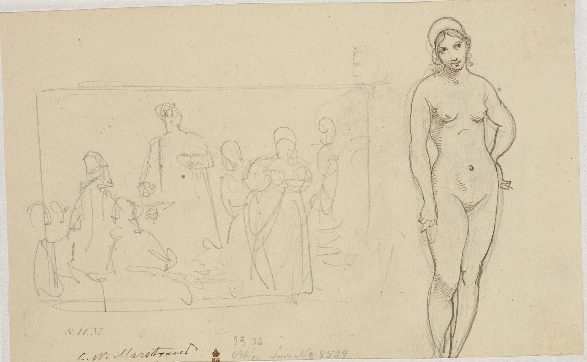 Figurkomposition og stående nøgen kvinde by Wilhelm Marstrand