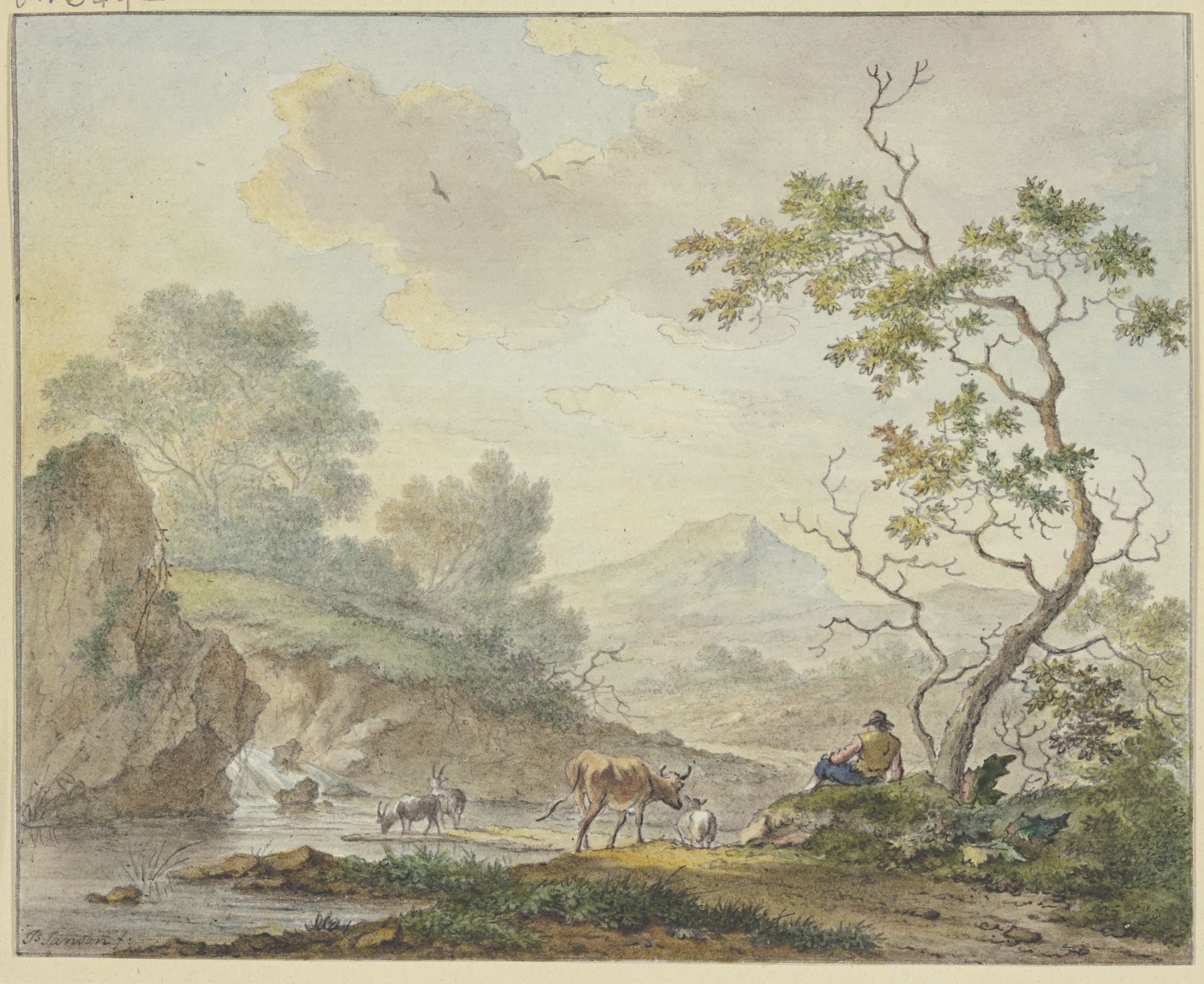 Bei einem Wasserfall ein Hirte mit einer Kuh und Ziegen by Johannes Christiaan Janson