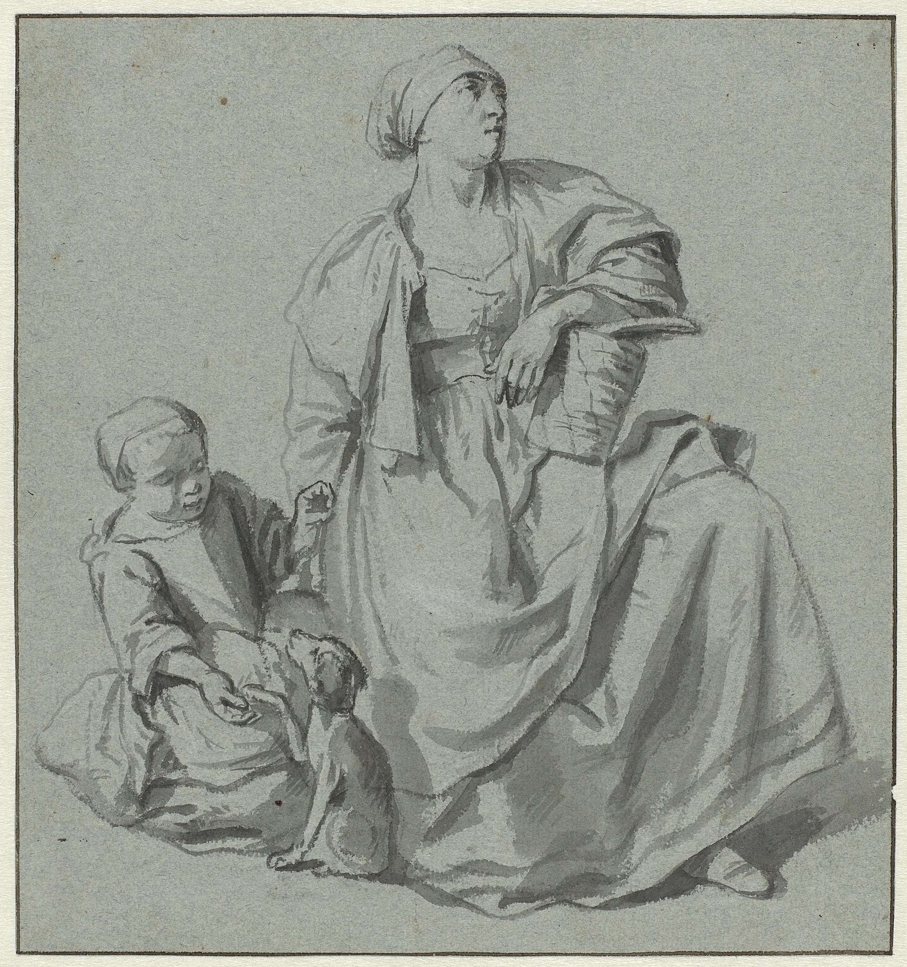 Zittende vrouw, een meisje en een hond by Cornelis Bega