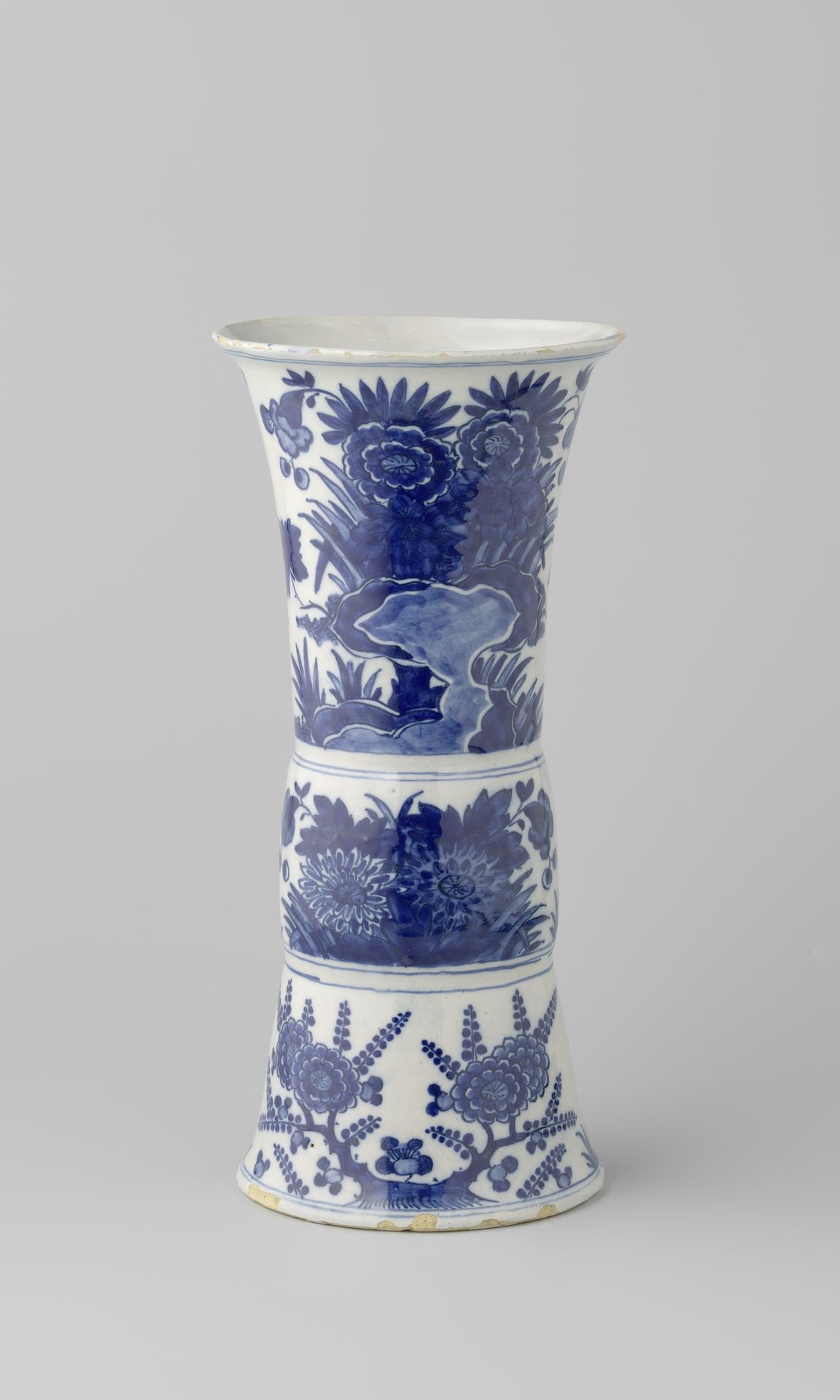 Two beaker vases and a lidded jar, part of a garniture by De Drie Posteleyne Astonne