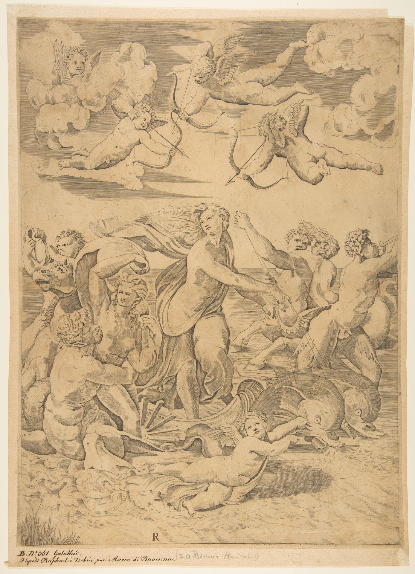 Galatea riding in a shell pulled through the water by dolphins, a cupid below and four more above, at left a triton embracing a nymph and behind them a man on horseback blowing a conch, at right a figure blowing a horn and  behind him a nymph riding on a centaur by Marco Dente