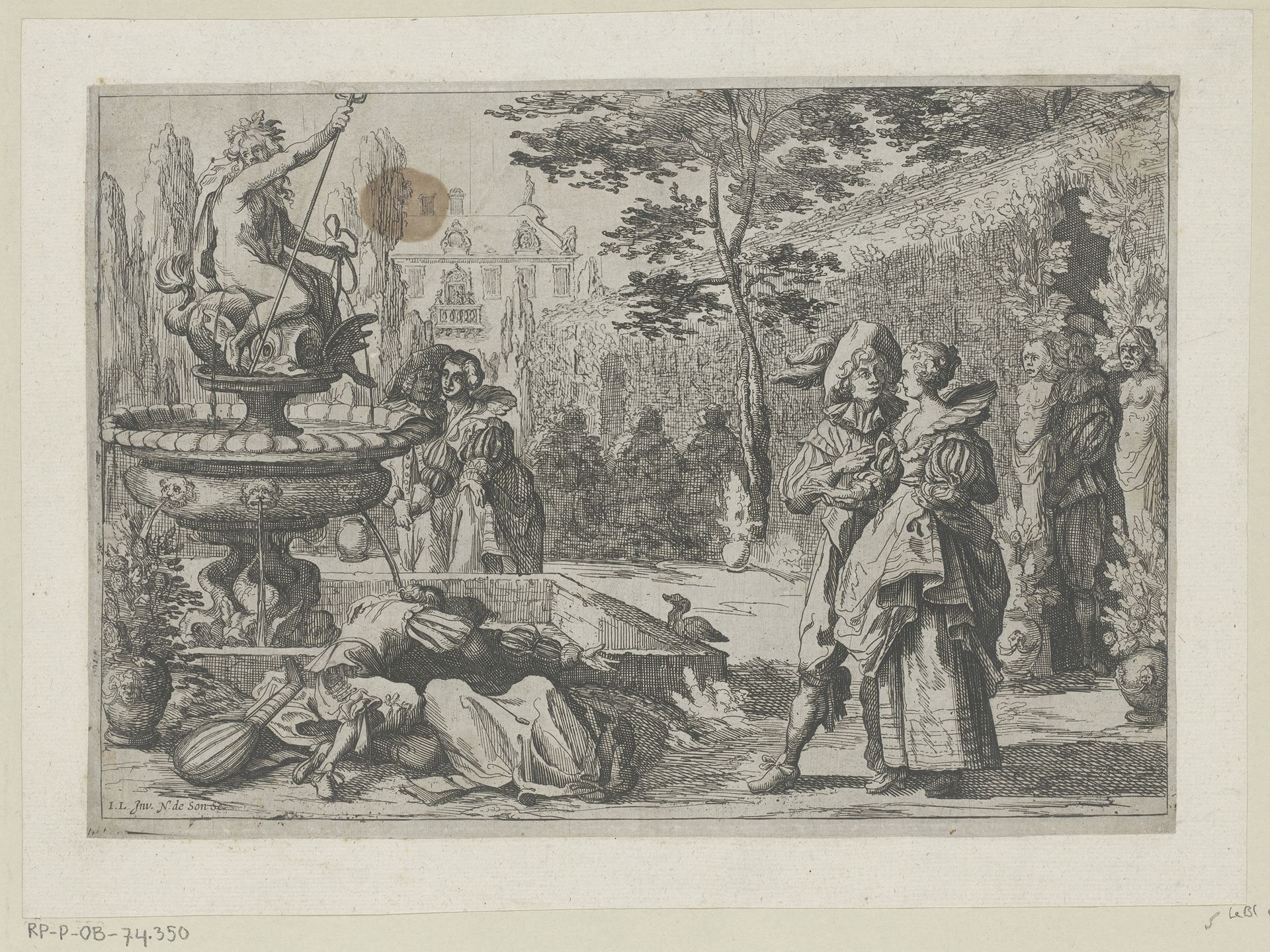 Gezicht op tuin met Neptunusfontein en verliefde paartjes by Nicolas de Son