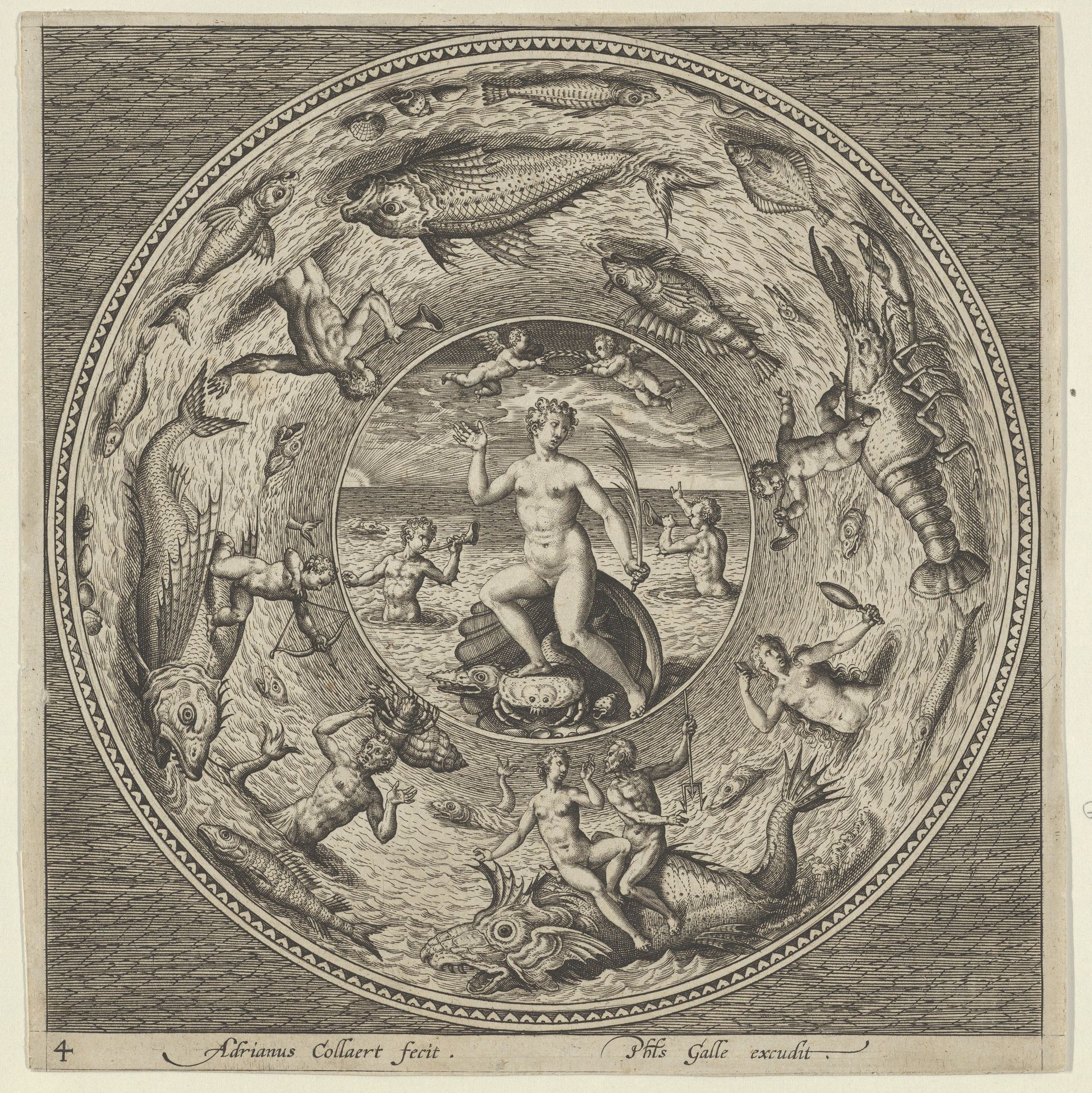 Design for a Plate with Galatea on a Shell Flanked by Trumpeters in a Medallion Bordered by Sea Monsters by Adriaen Collaert