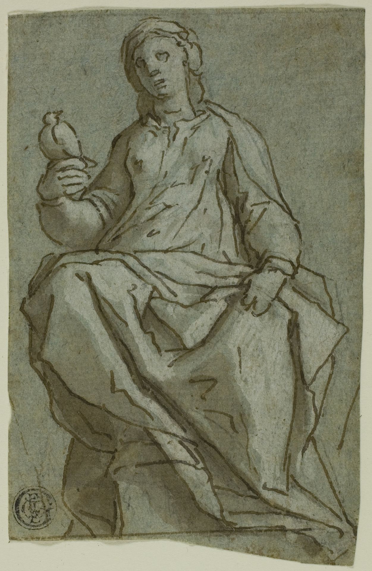 Seated Female Figure (Saint Scholastica?) Holding a Dove by Lazzaro Tavarone