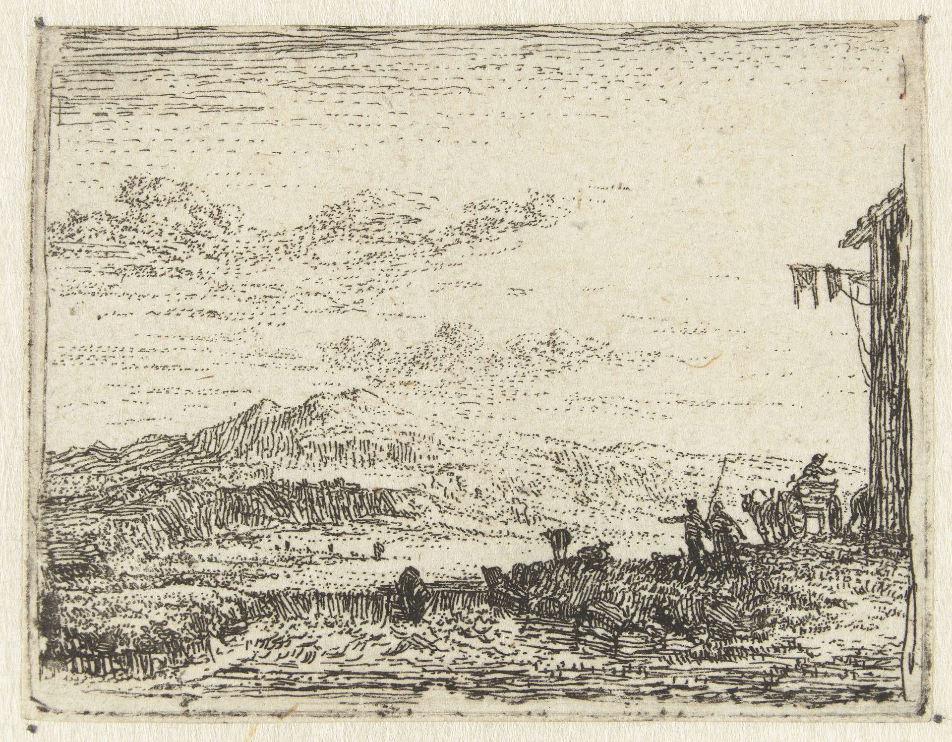 Italianiserend landschap met wagen bij herberg by Karel du Jardin