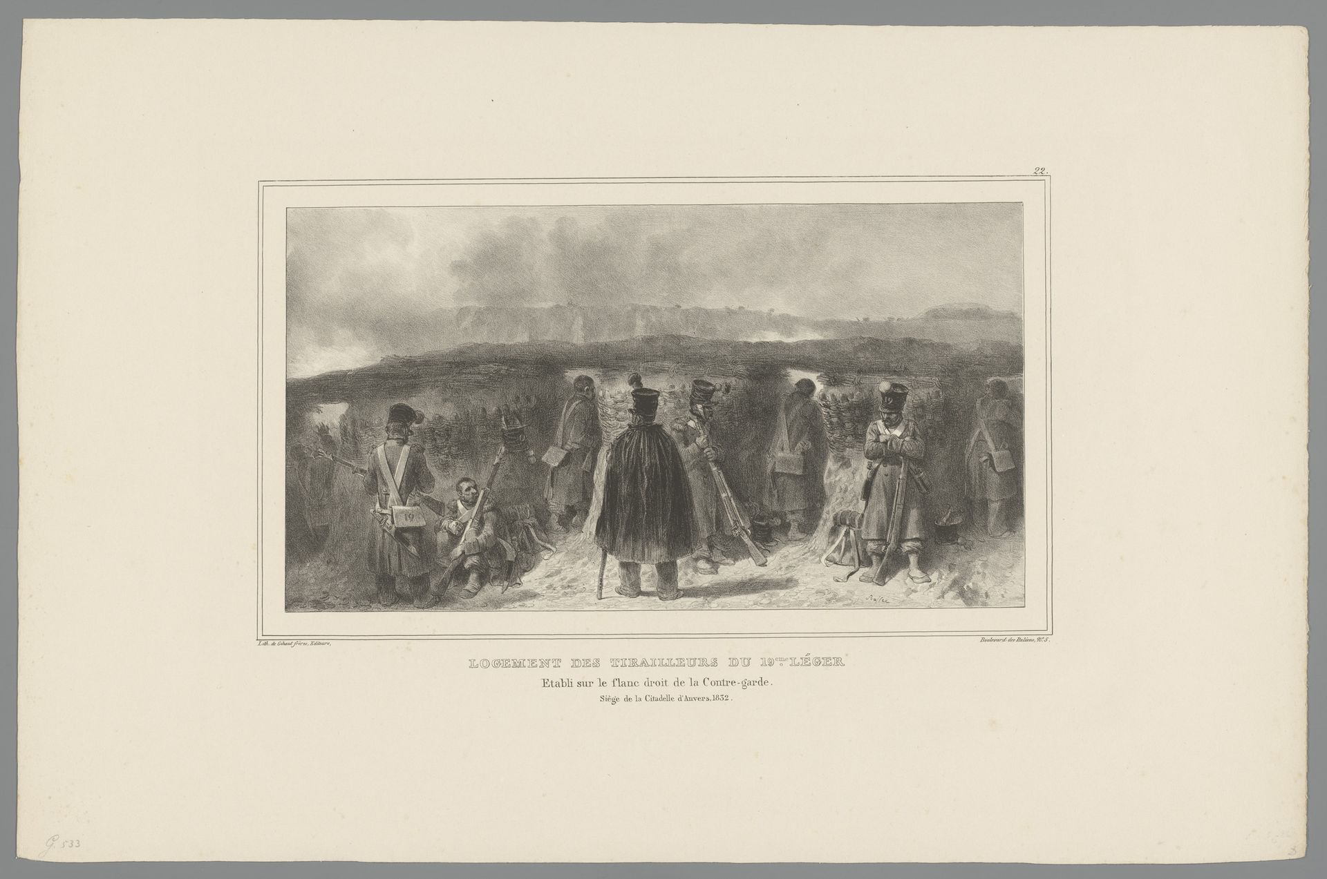 Schutters achter een borstwering, 1832 by Auguste Raffet