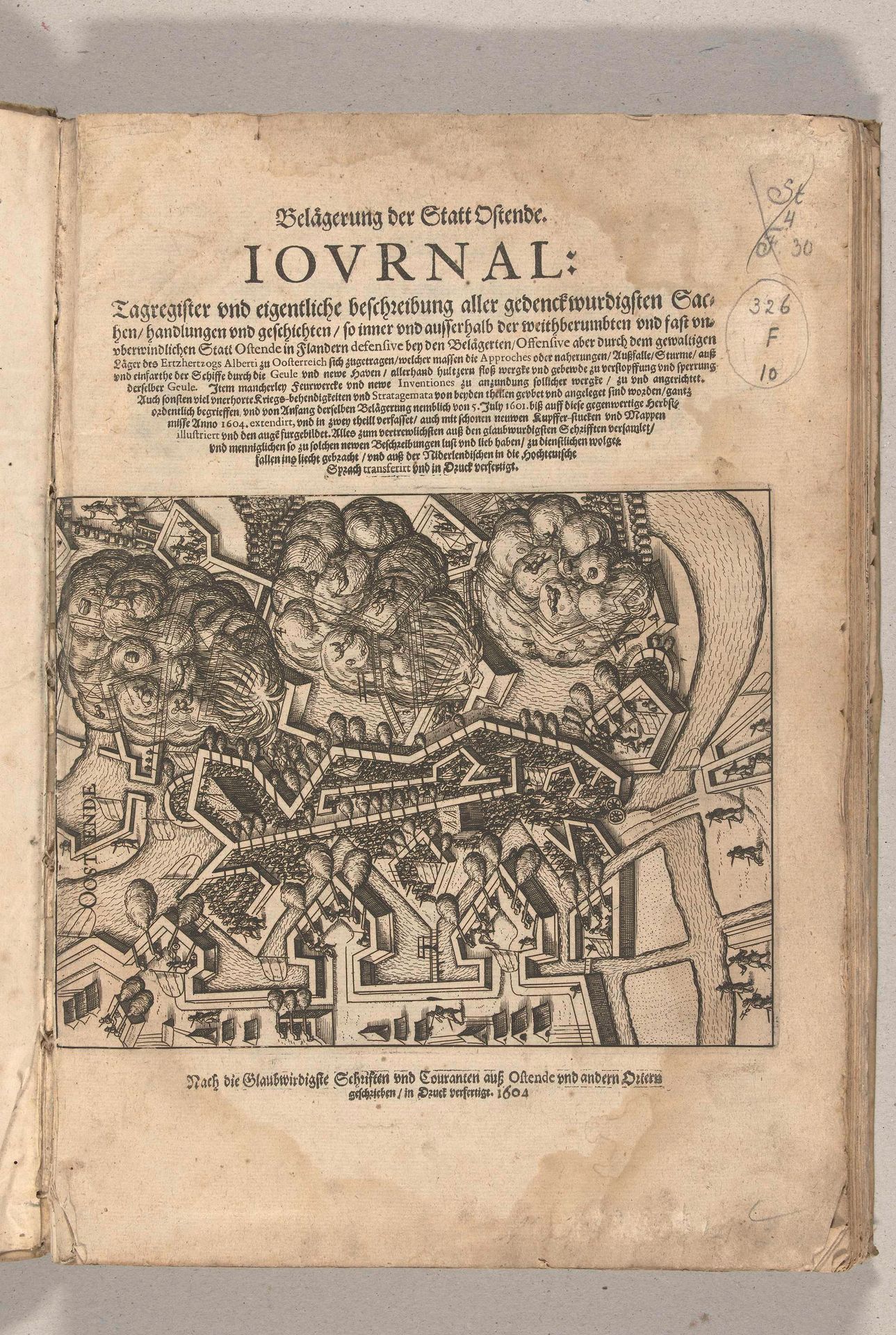 Beleg van Oostende: titelprent met gevechten en ontploffingen onder de bolwerken, 1604 by Anonymous