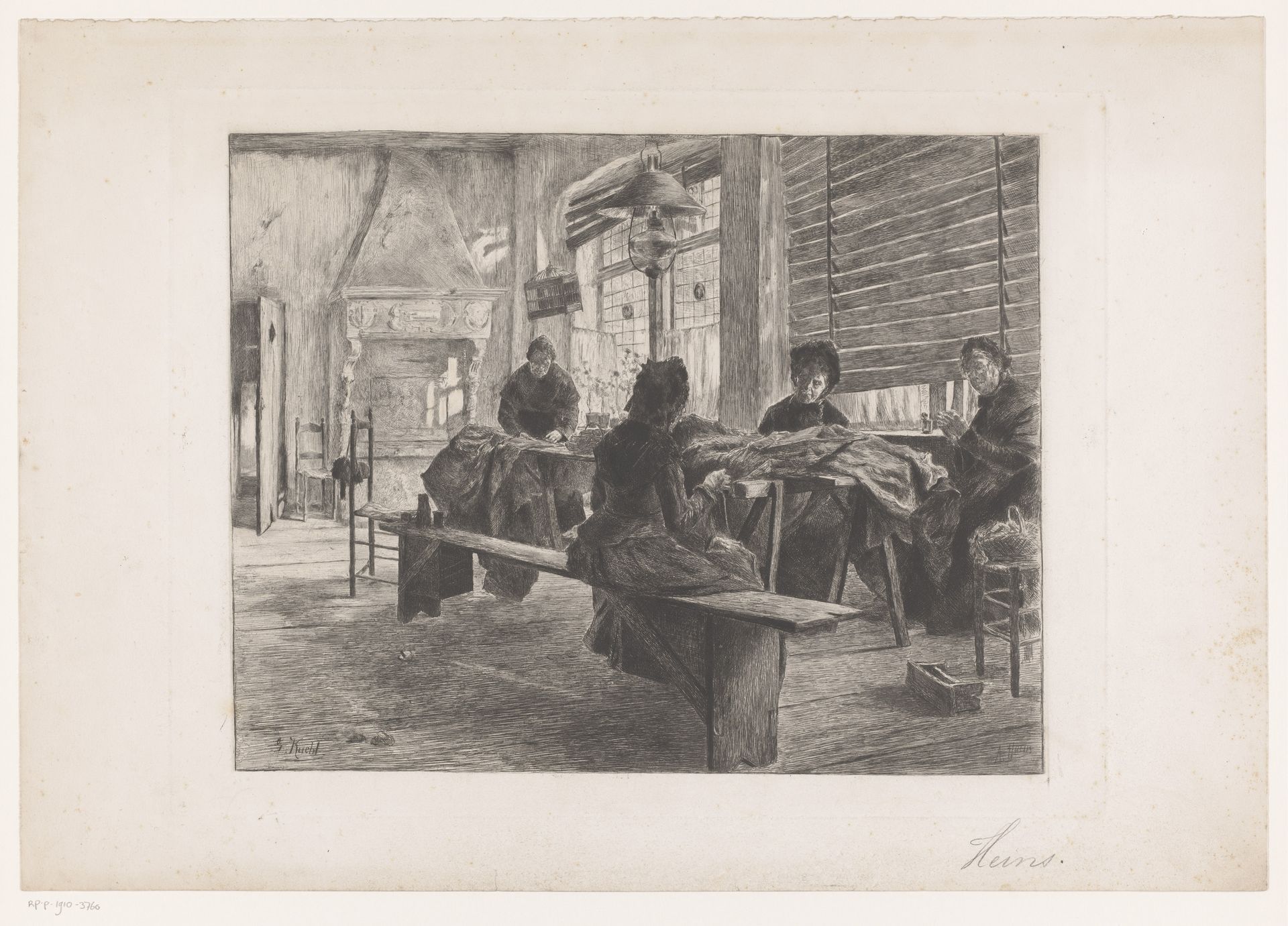 Vier vrouwen in een naaiatelier aan het werk by Armand Heins