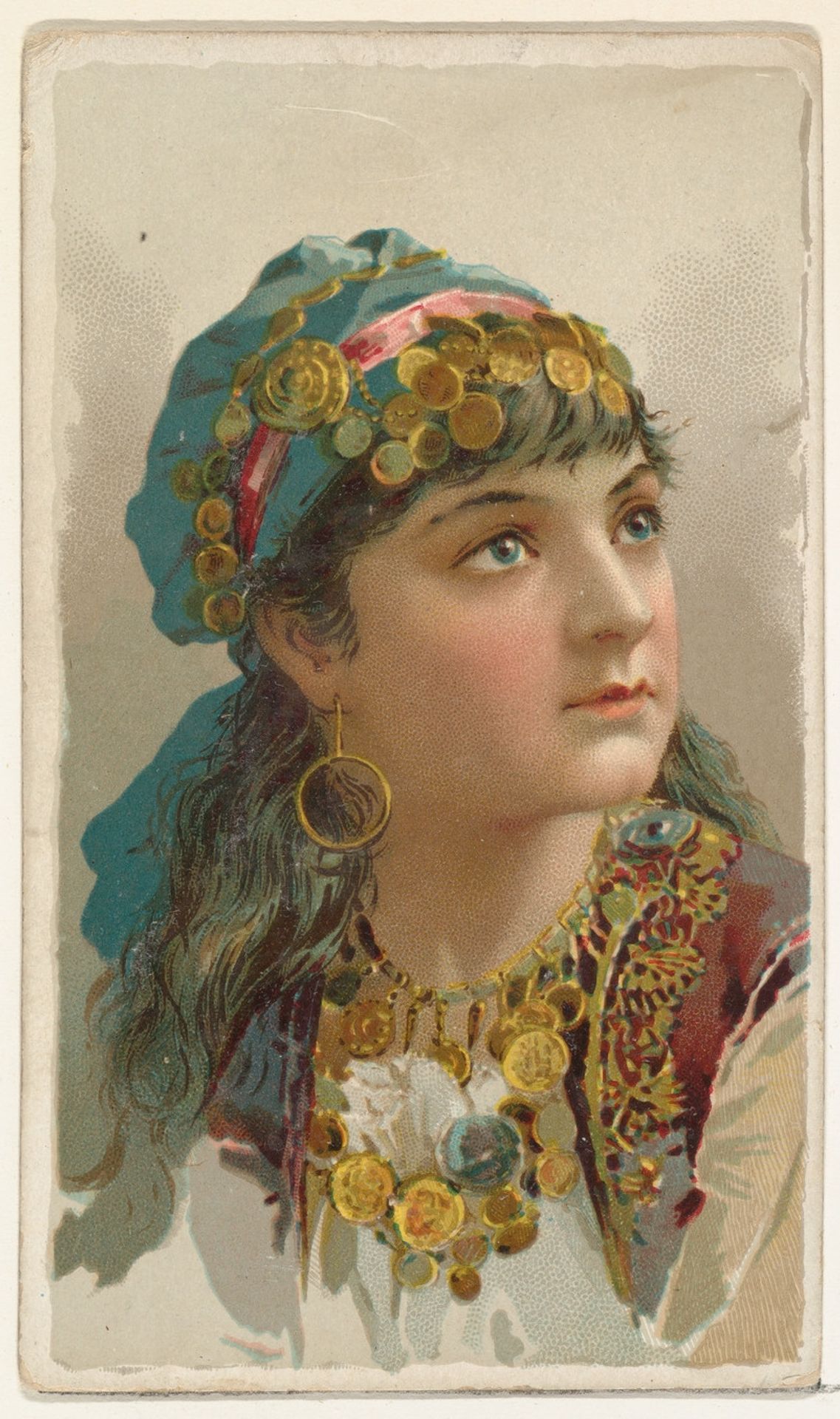 Actress wearing cloth headpiece decorated with gold coins, from Stars of the Stage, First Series (N129) issued by W. Duke, Sons & Co. to promote Honest Long Cut Tobacco by W. Duke, Sons & Co.