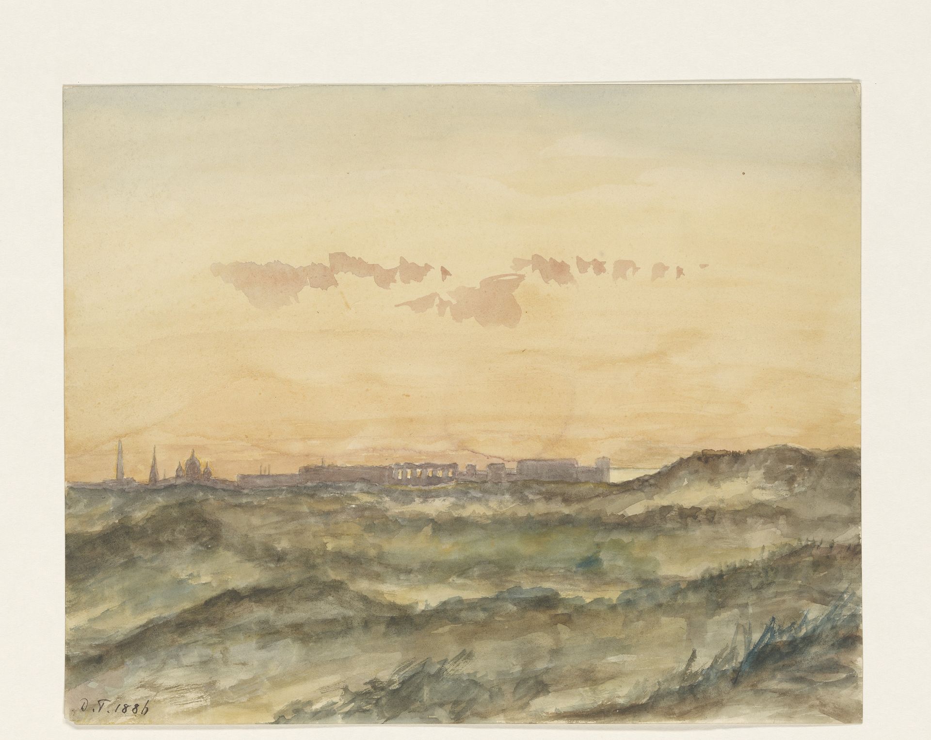 Landschap met in de verte het silhouet van een stad by Dirk Arnoldus Tavenraat