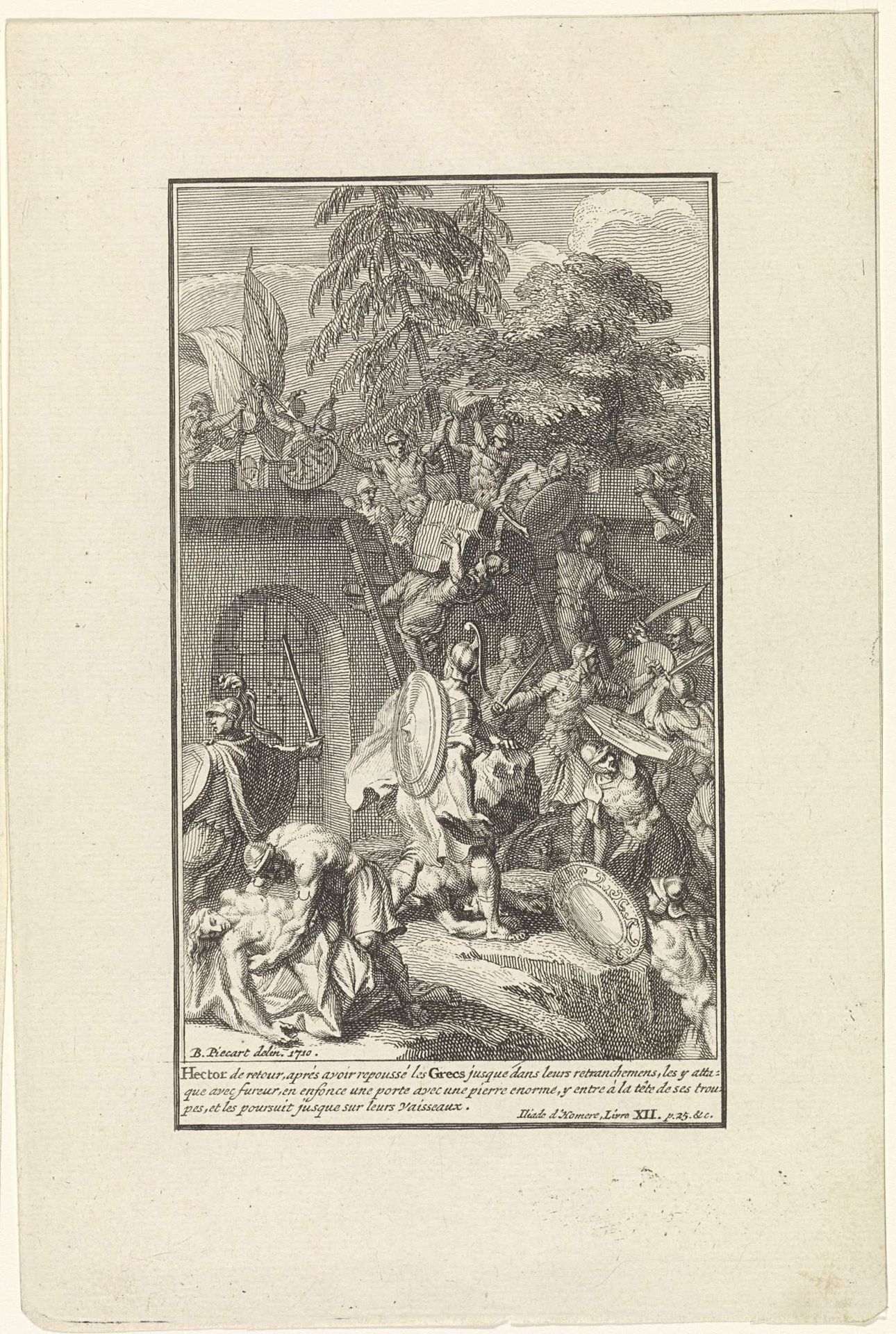 Trojanen bestormen het Griekse kamp by Bernard Picart