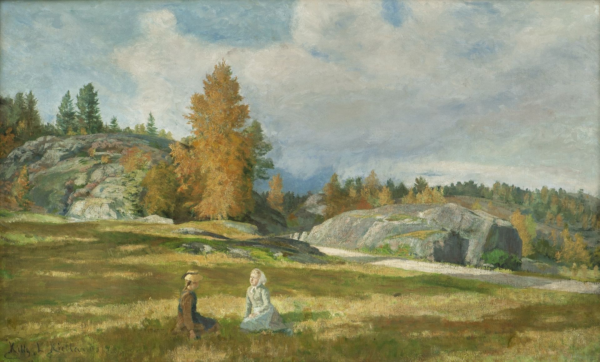Two Seated Girls on a Meadow by Kitty Lange Kielland