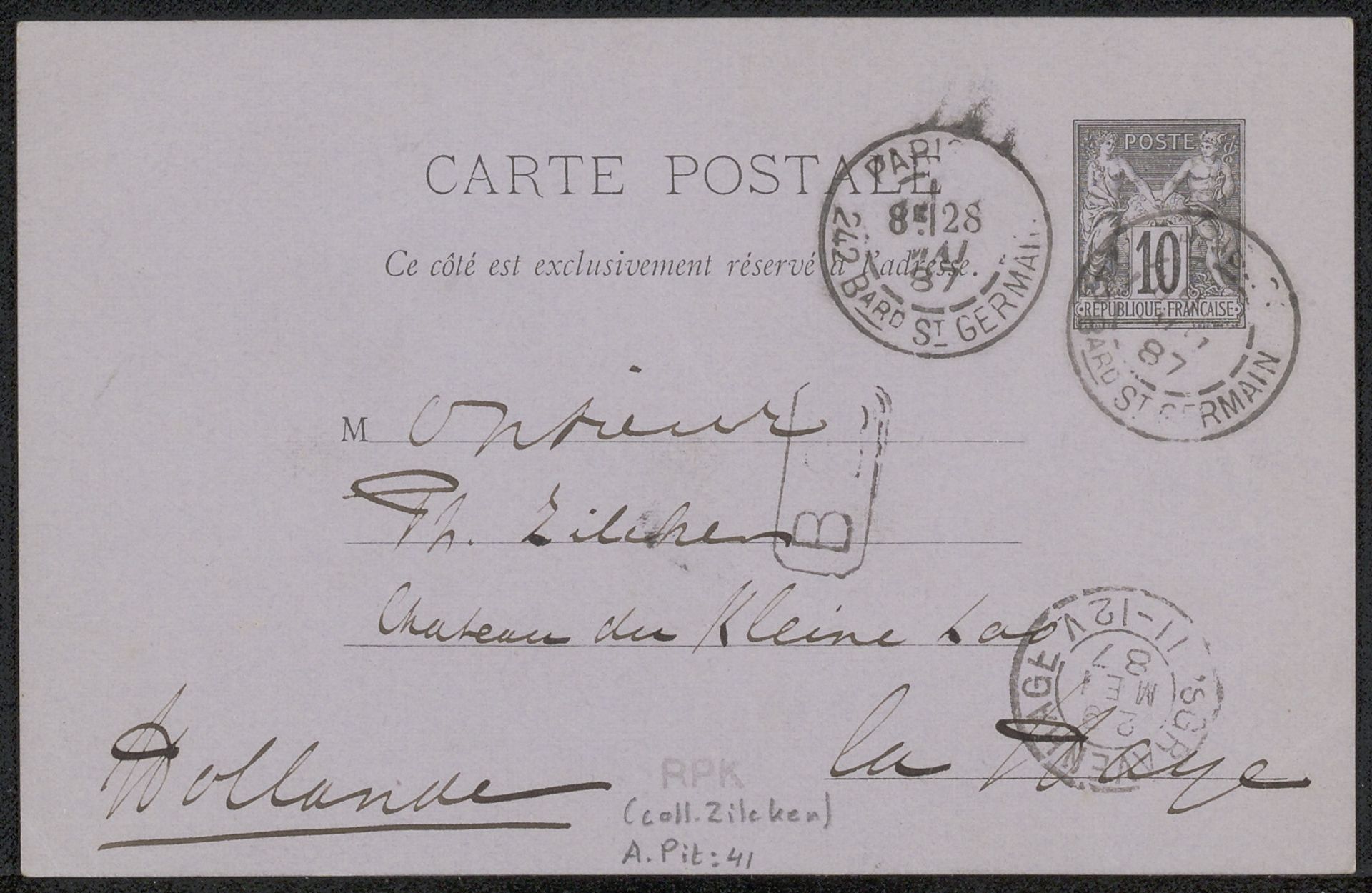 Briefkaart aan Philip Zilcken by Adriaan Pit