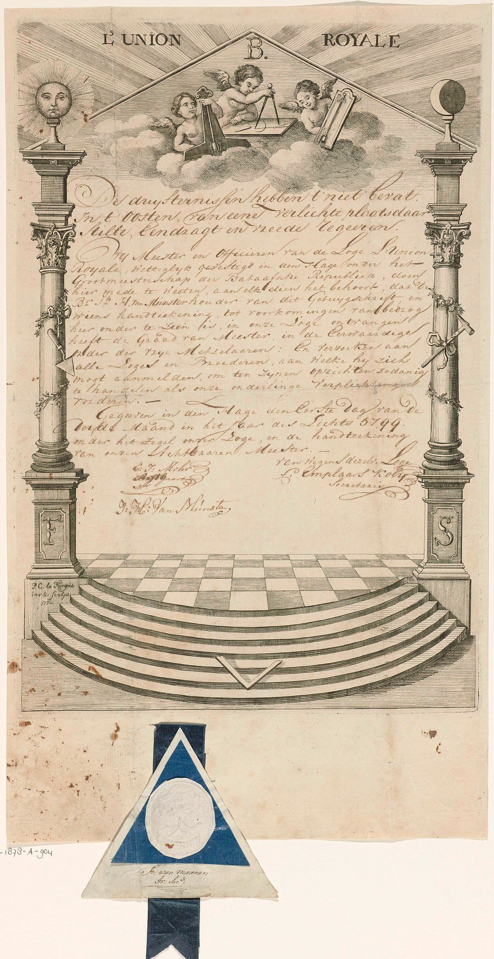 Diploma van de Vrijmetselaarsloge "l'Union Royale" te Den Haag by Paulus Constantijn la Fargue