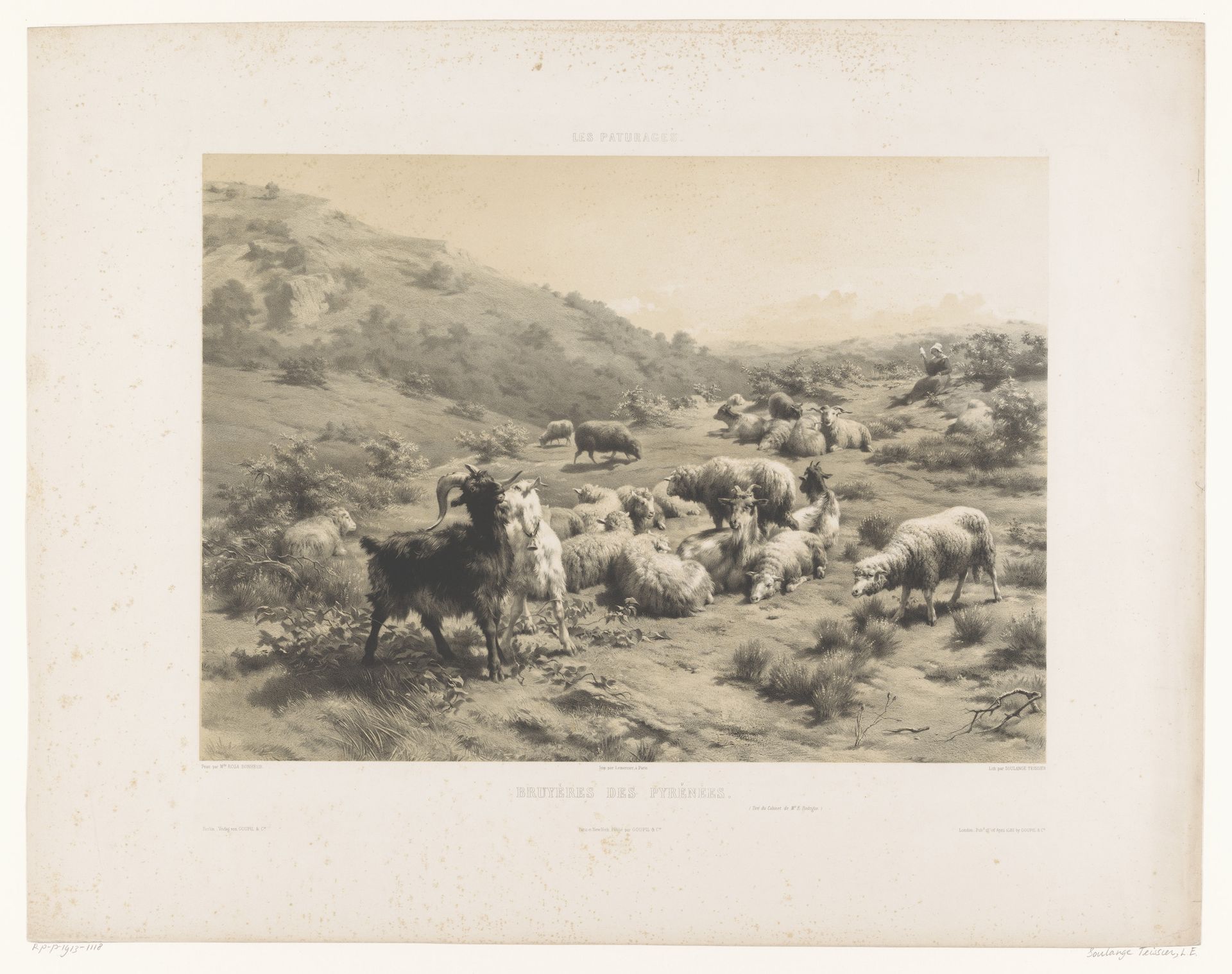 Herderin met geiten en schapen in de Pyreneën by Louis Emmanuel Soulange-Teissier