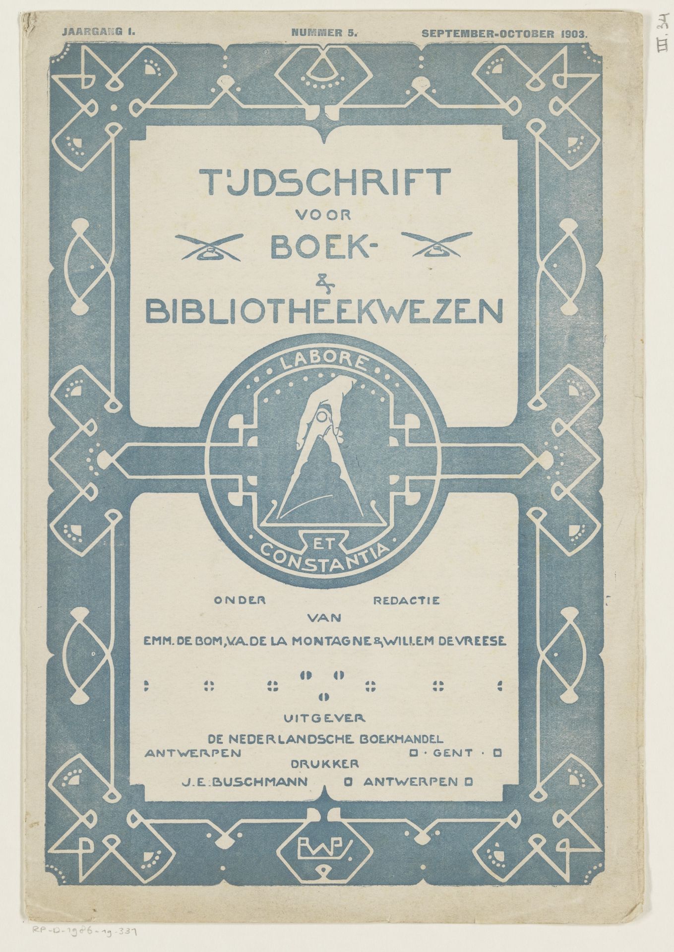 Omslag van: Tijdschrift voor boek- en bibliotheekwezen, september-october 1903 by Reinier Willem Petrus de (1874-1952) Vries