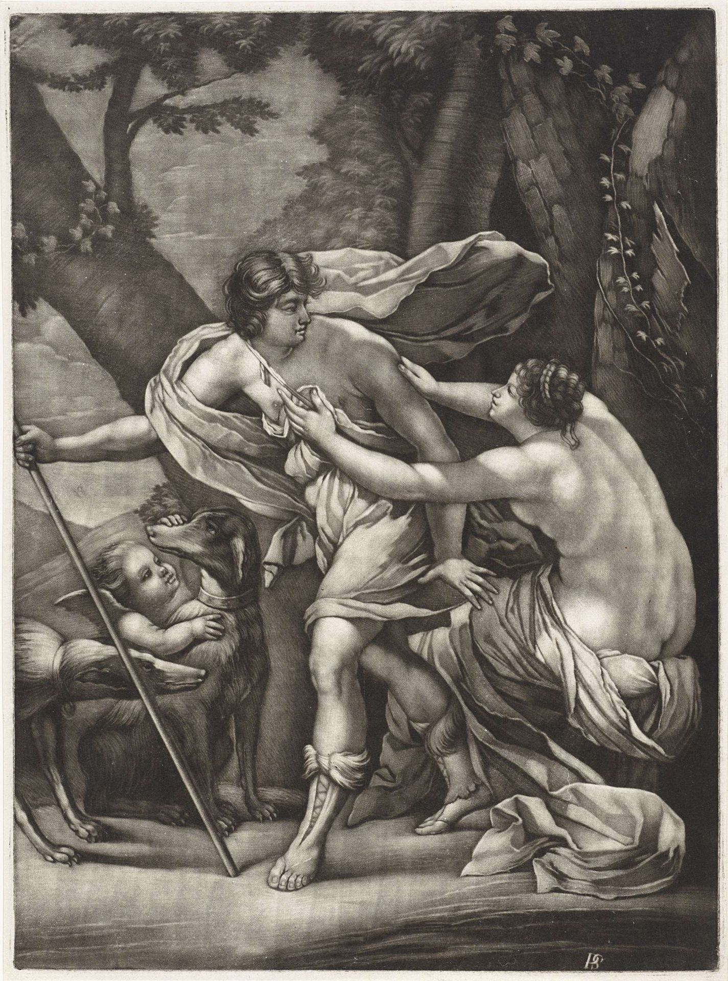 Venus weerhoudt Adonis van de jacht by Pieter Schenk