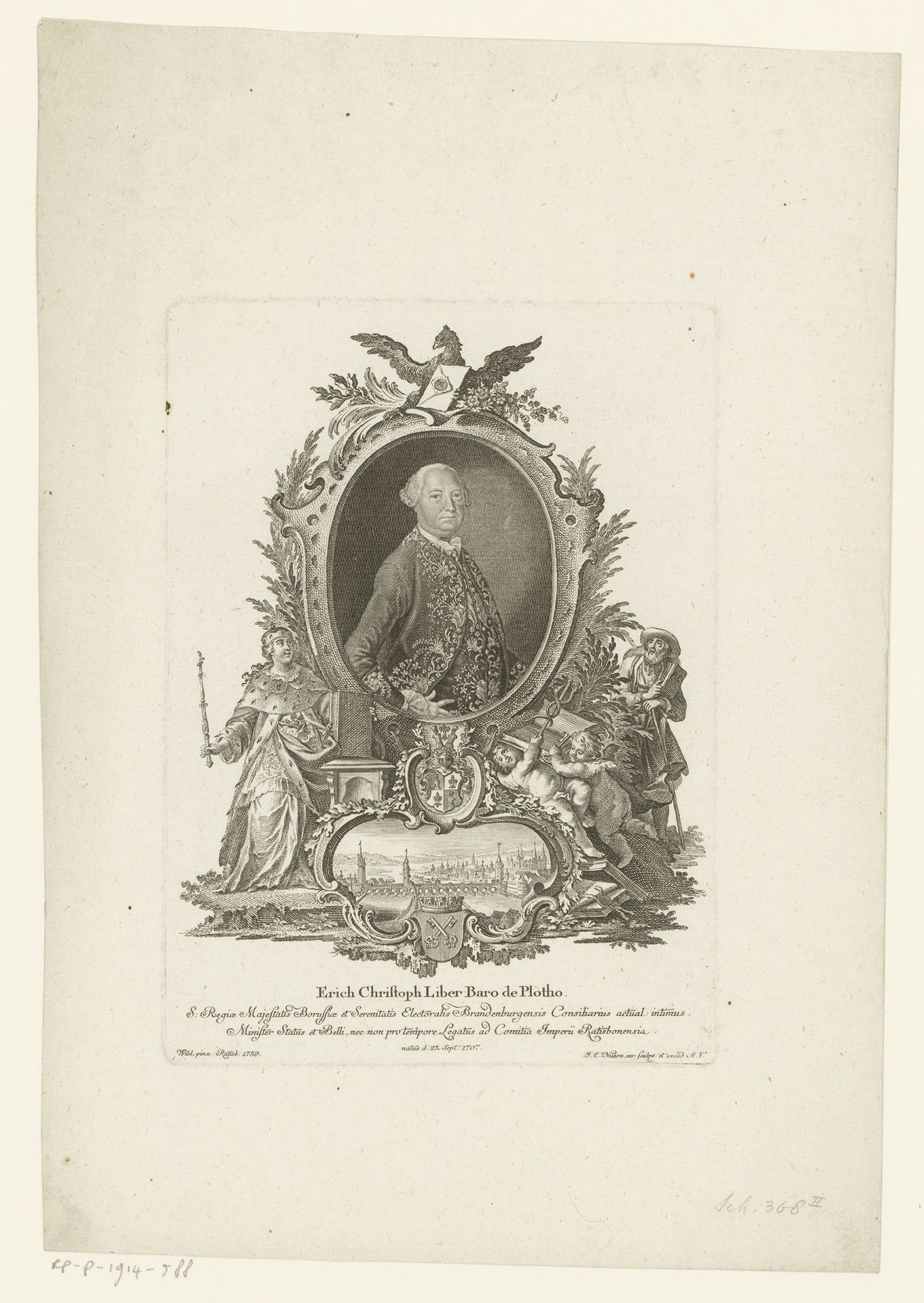 Portret van Erich Christoph von Plotho, met gezicht op Regensburg by Johann Esaias Nilson