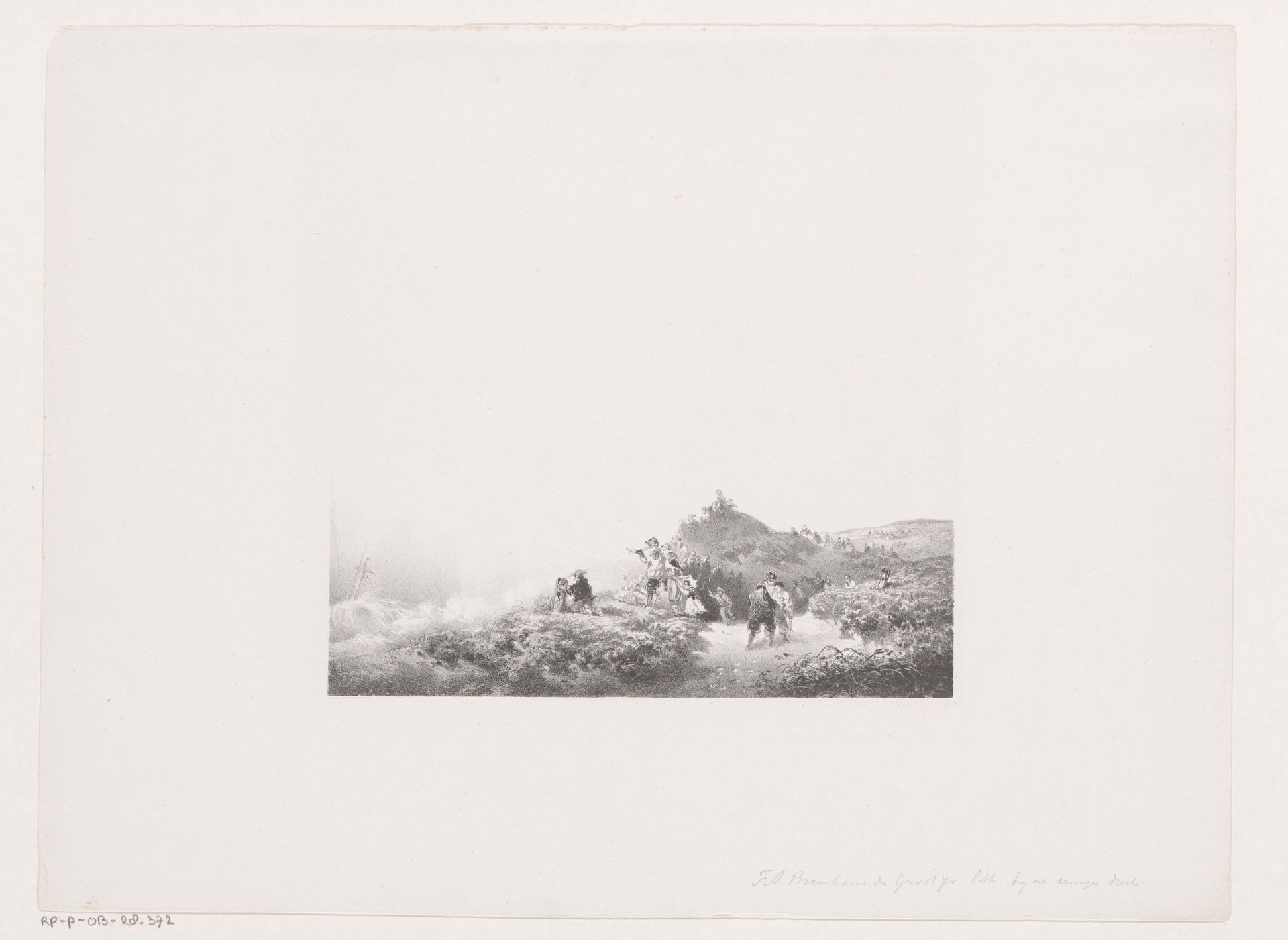 Mensen in de duinen kijken naar een schip in nood by Frans Arnold Breuhaus de Groot
