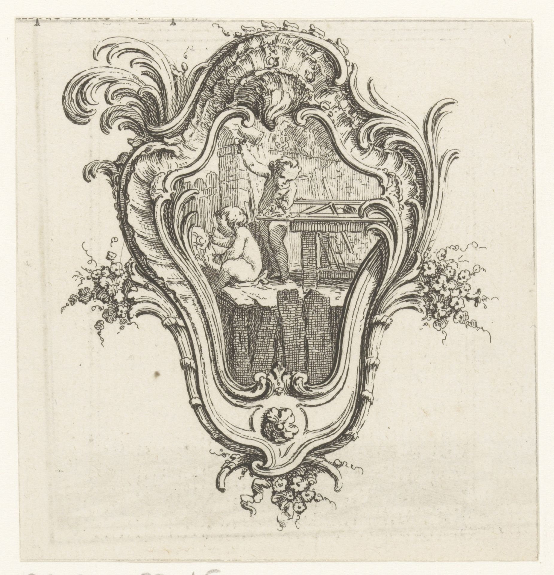 Vignet met putti in cartouche by Pierre-Edme Babel