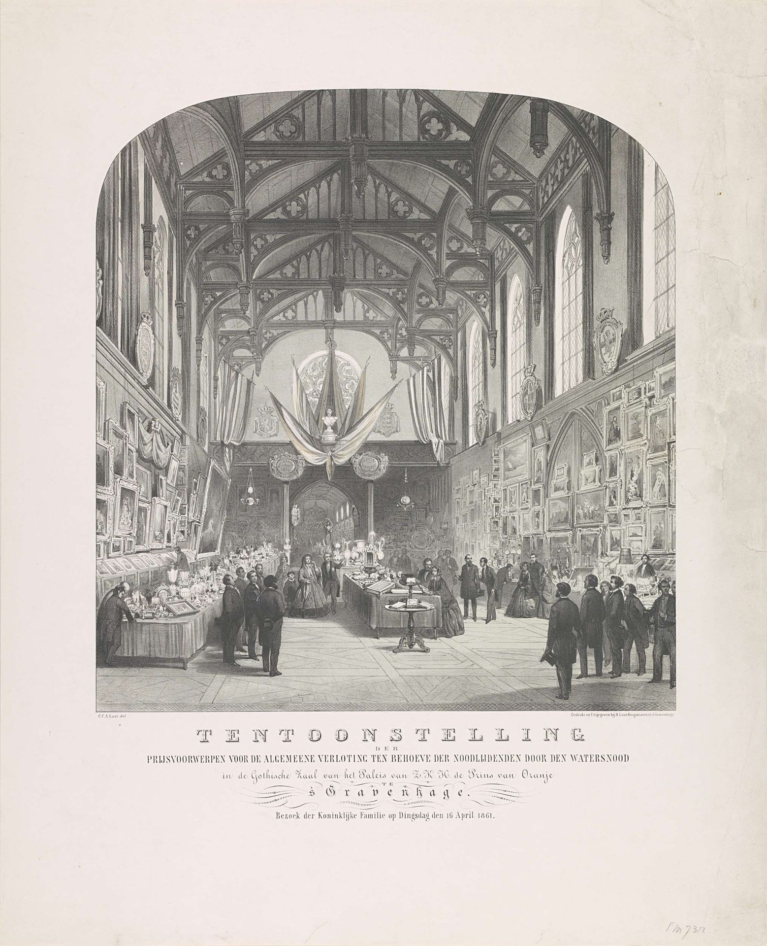 Tentoonstelling der prijsvoorwerpen voor de algemeene verloting ten behoeve der noodlijdenden door den watersnood in de Gothische Zaal van het Paleis van Z.K.H. de Prins van Oranje te 's Gravenhage. Bezoek der Koninklijke Familie op Dingsdag den 16 April 1861 by Carel Christiaan Antony Last