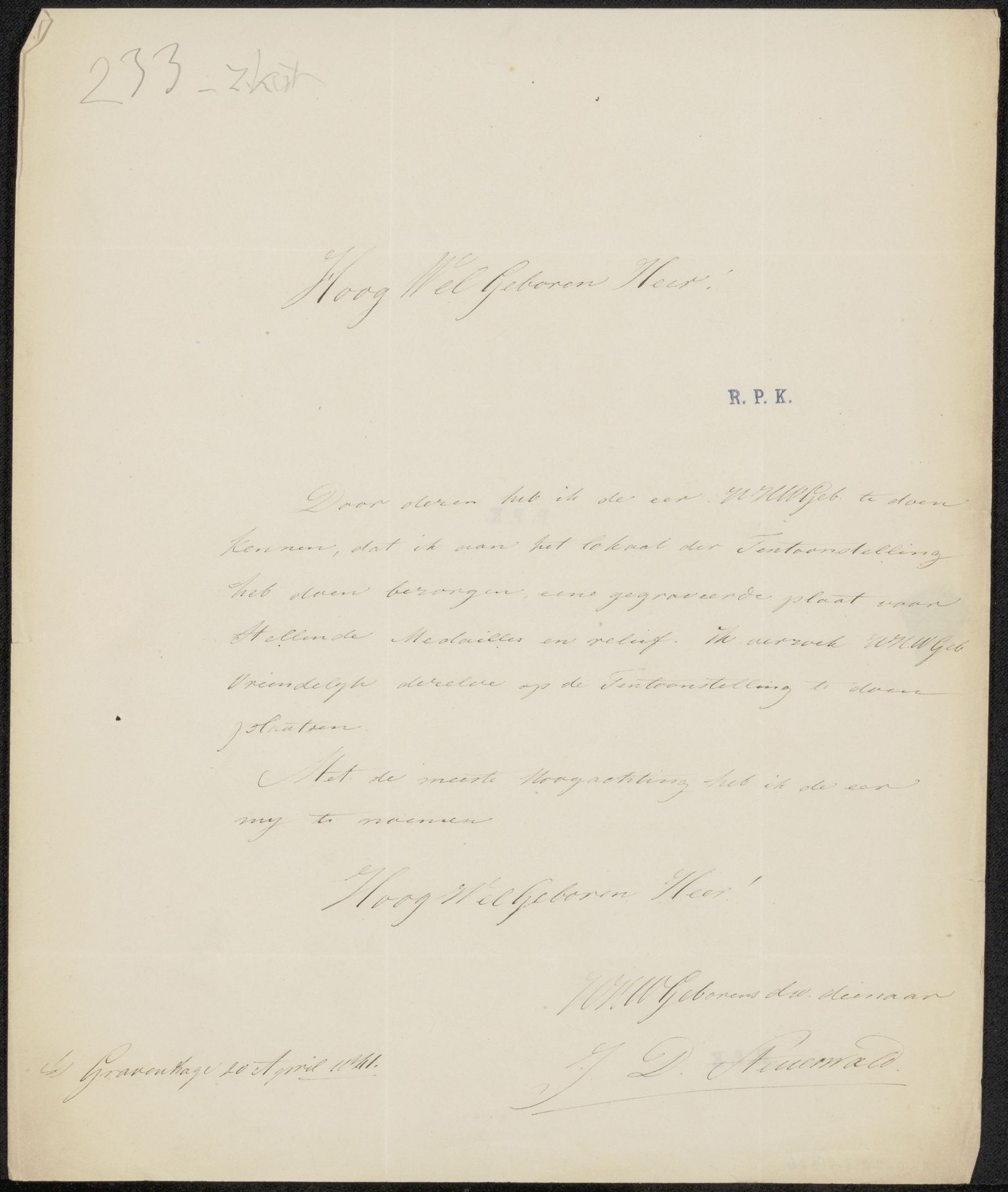 Brief aan jonkheer H.P.F. Hooft, secretaris van de commissie van de Tentoonstelling van Levende Meesters in Den Haag by Jan Dam Steuerwald