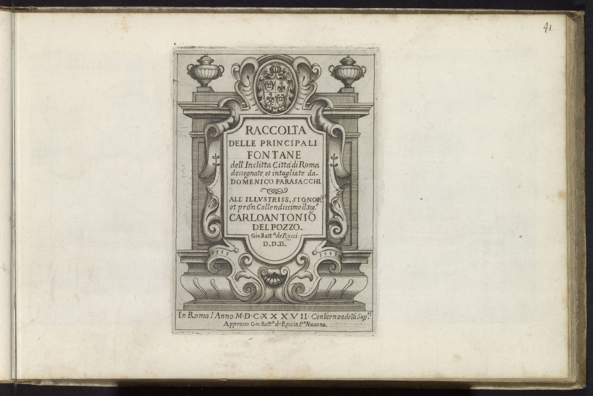 Titelprent met architecturale cartouche met wapenschild, titel en opdracht by Domenico Parasacchi