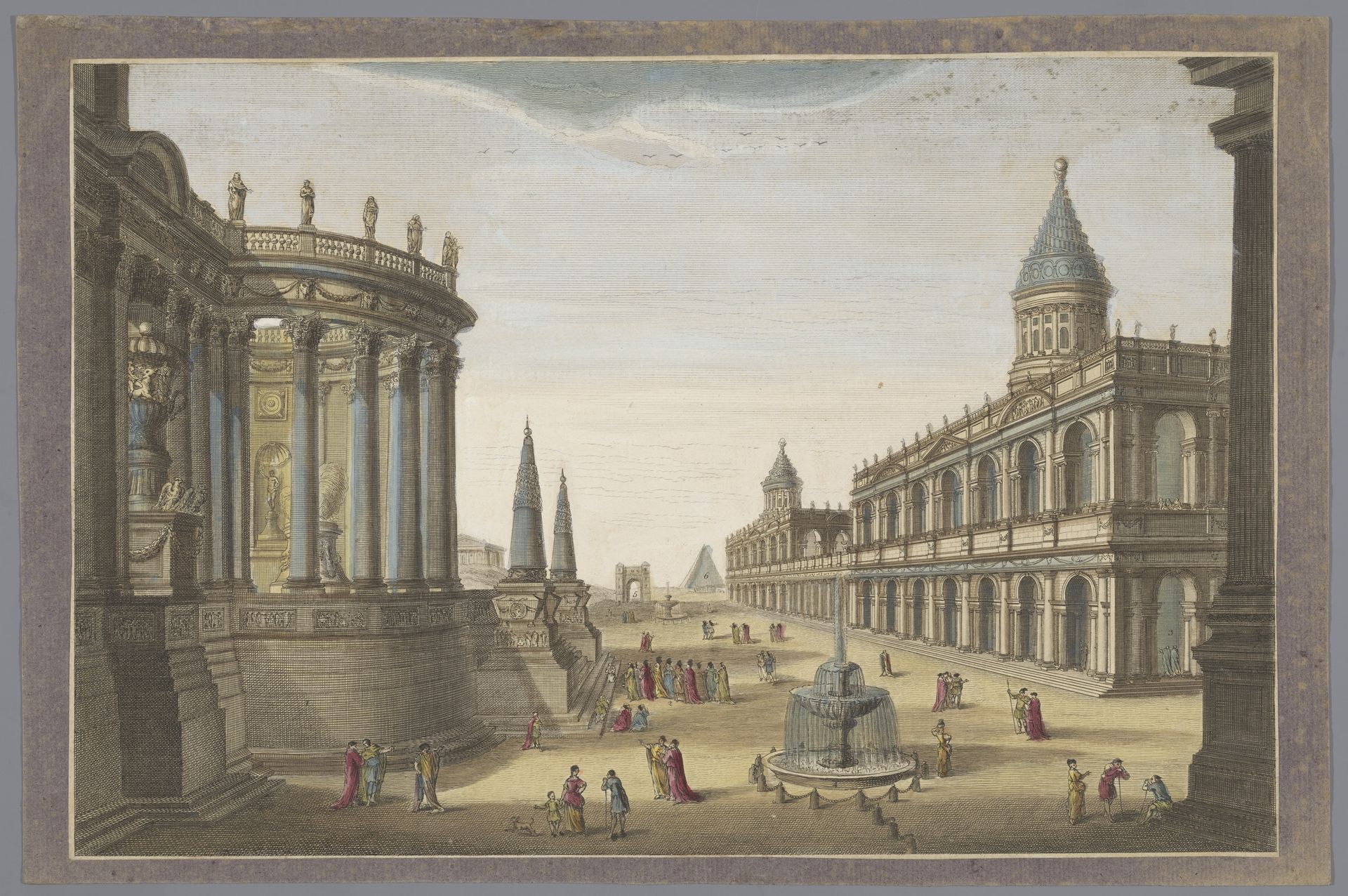 Gezicht op de Tempel van Vesta, de Piramide van Cestius en andere bouwwerken te Rome by Robert Sayer