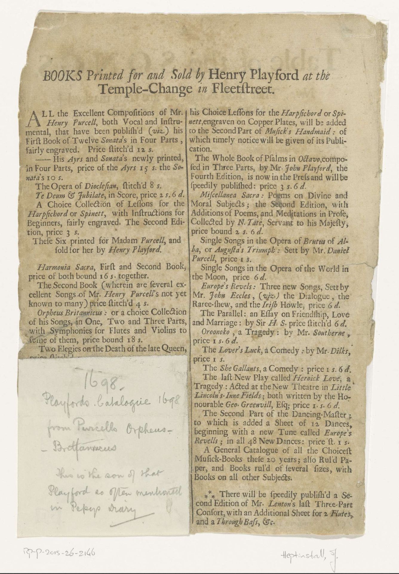 Uitgeverscatalogus van Henry Playford te Londen by John Heptinstall