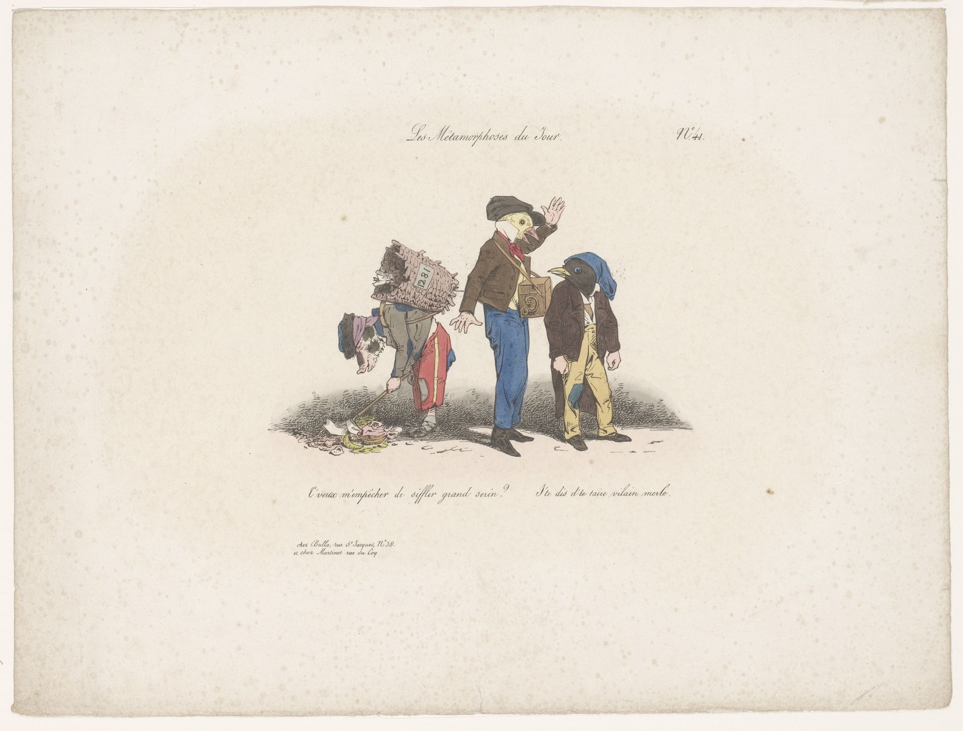 Twee ruziënde vogels en een varken tussen afval by Jean Ignace Isidore Gérard Grandville