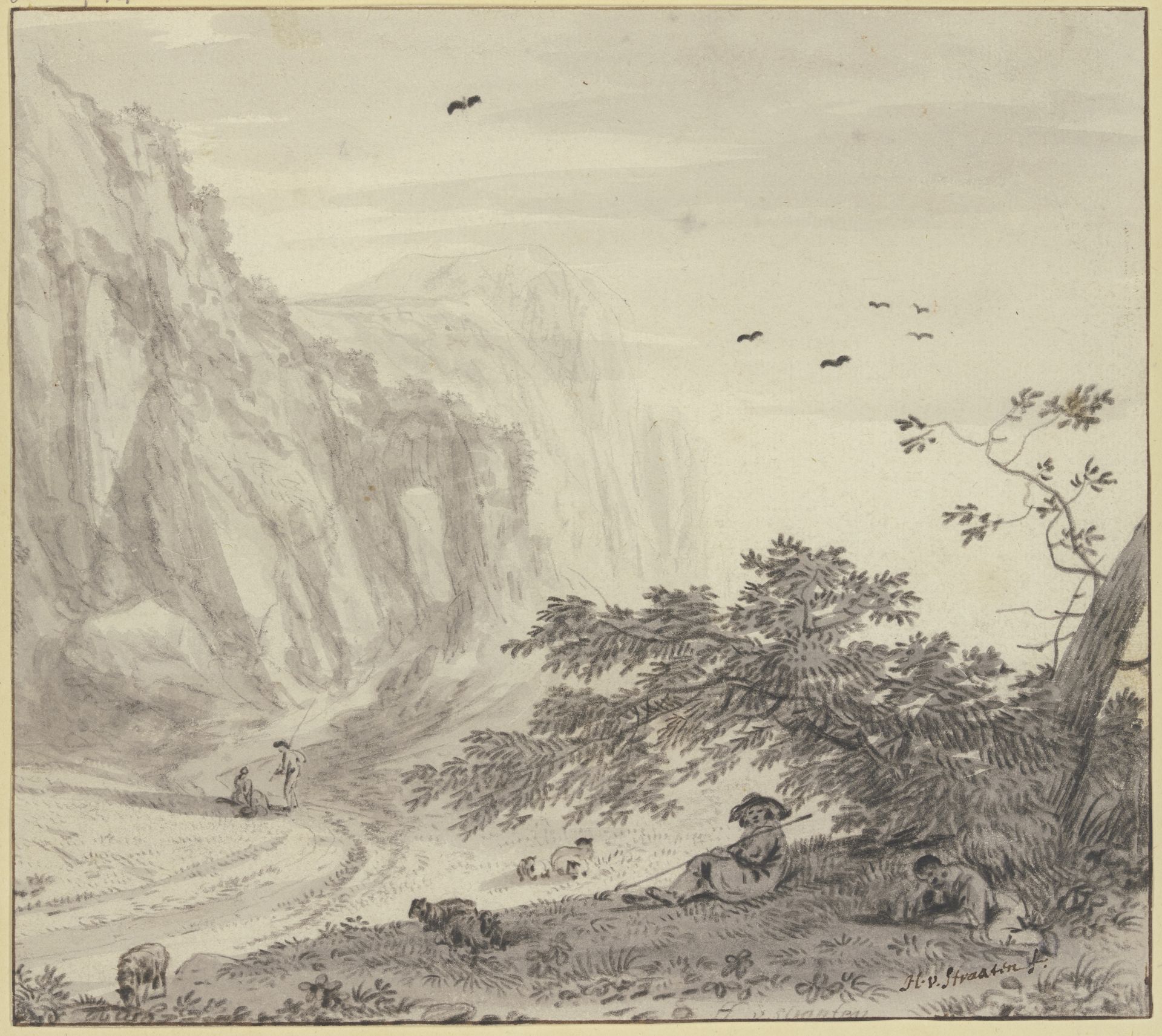 Hohe Felsen, rechts ruhende Schäfer by Hendrik van der Straaten
