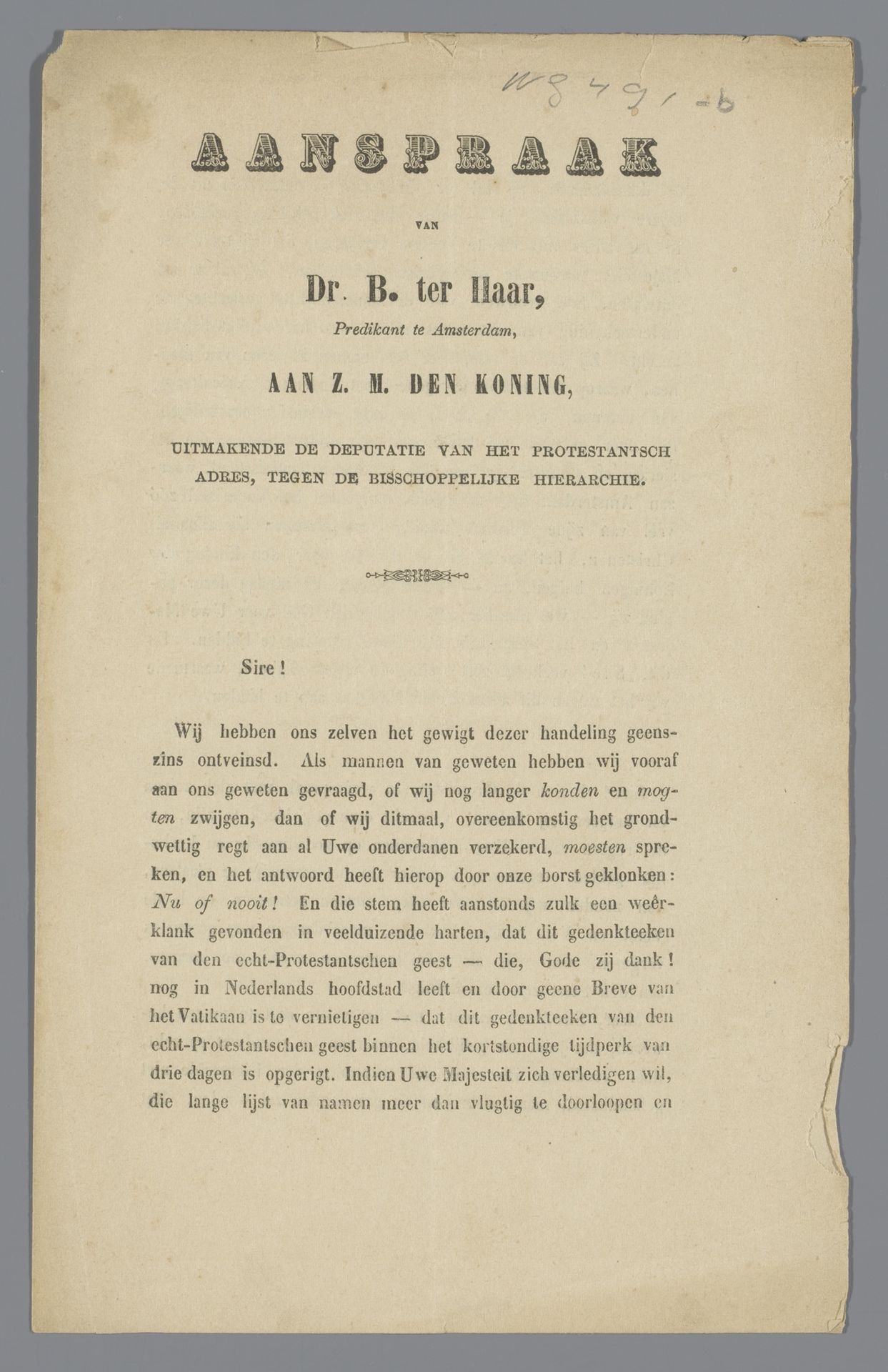 Aanspraak van Dr. B. ter Haar, Predikant te Amsterdam, van Z.M. de Koning by Dr B. ter Haar