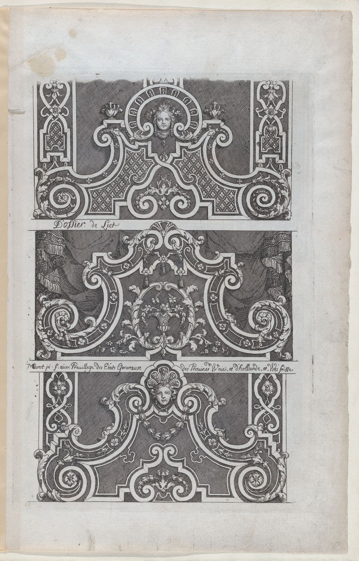 Three Designs for Embroidered Headboards, from Nouveaux Liure da Partements, part of Œuvres du Sr. D. Marot by Daniel Marot the Elder