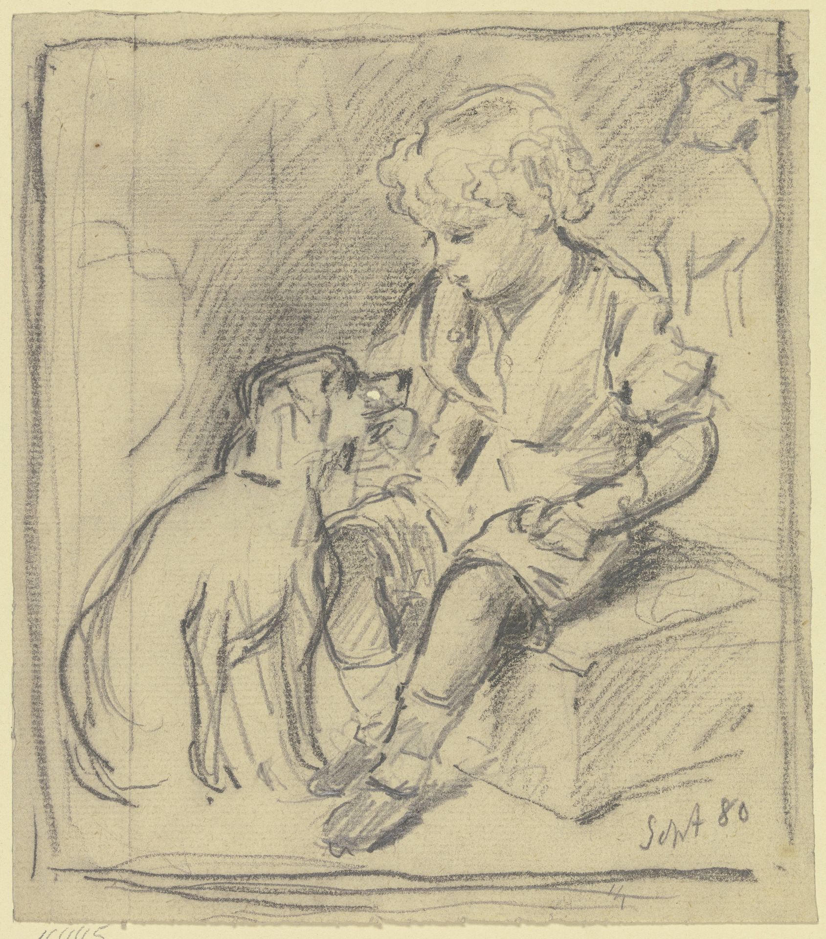 Sitzender Knabe mit sitzendem Hund by Otto Scholderer