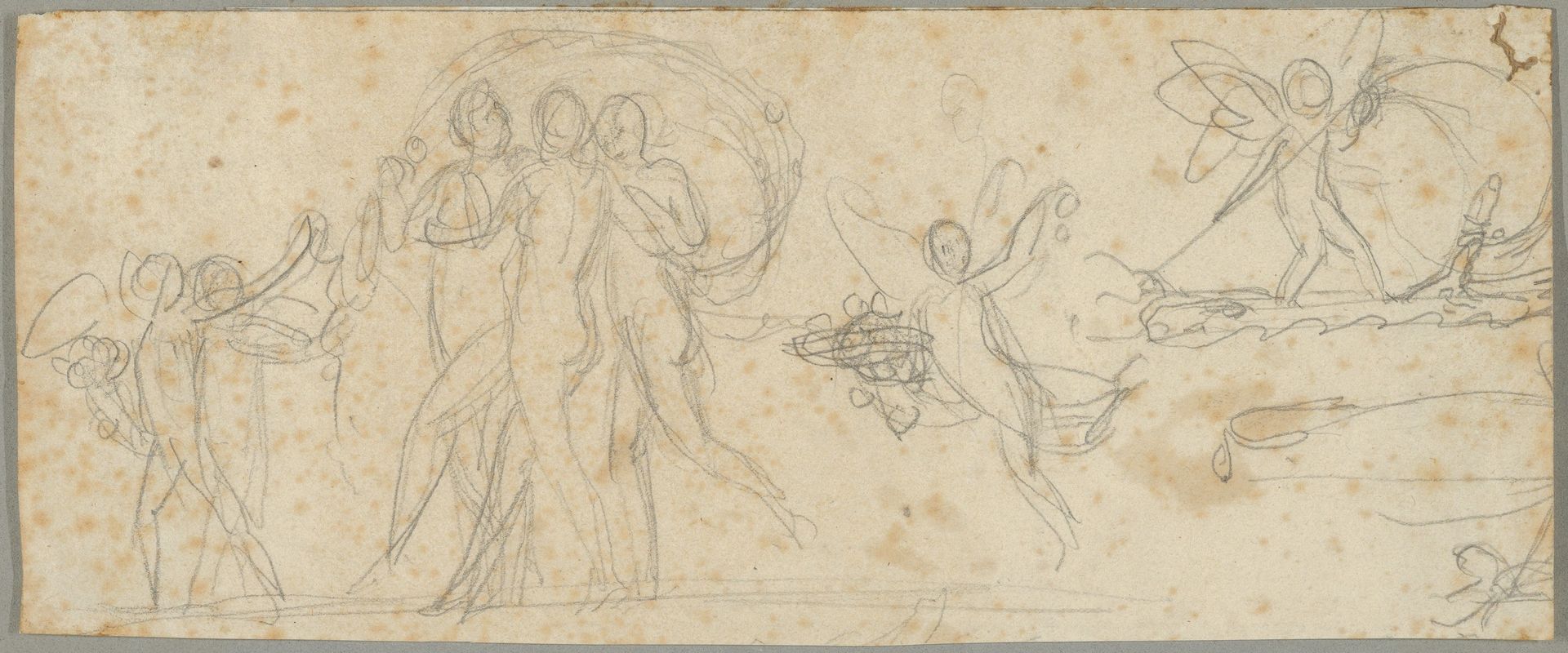 The Three Graces and Putti; verso: Various Studies by Bertel Thorvaldsen